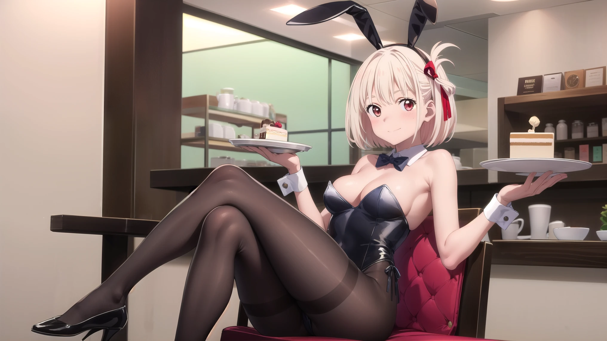 masterpiece, best quality, solo, 1girl, chisato nishikigi, looking at viewer, light smile, closed mouth, blush, embarrassed, medium breasts, playboy bunny, rabbit ears, black pantyhose, red bowtie, wrist cuffs, black leotard, holding tray, cake, cafe, coffee, sitting on sofa, crossed legs, cafe shop, full body