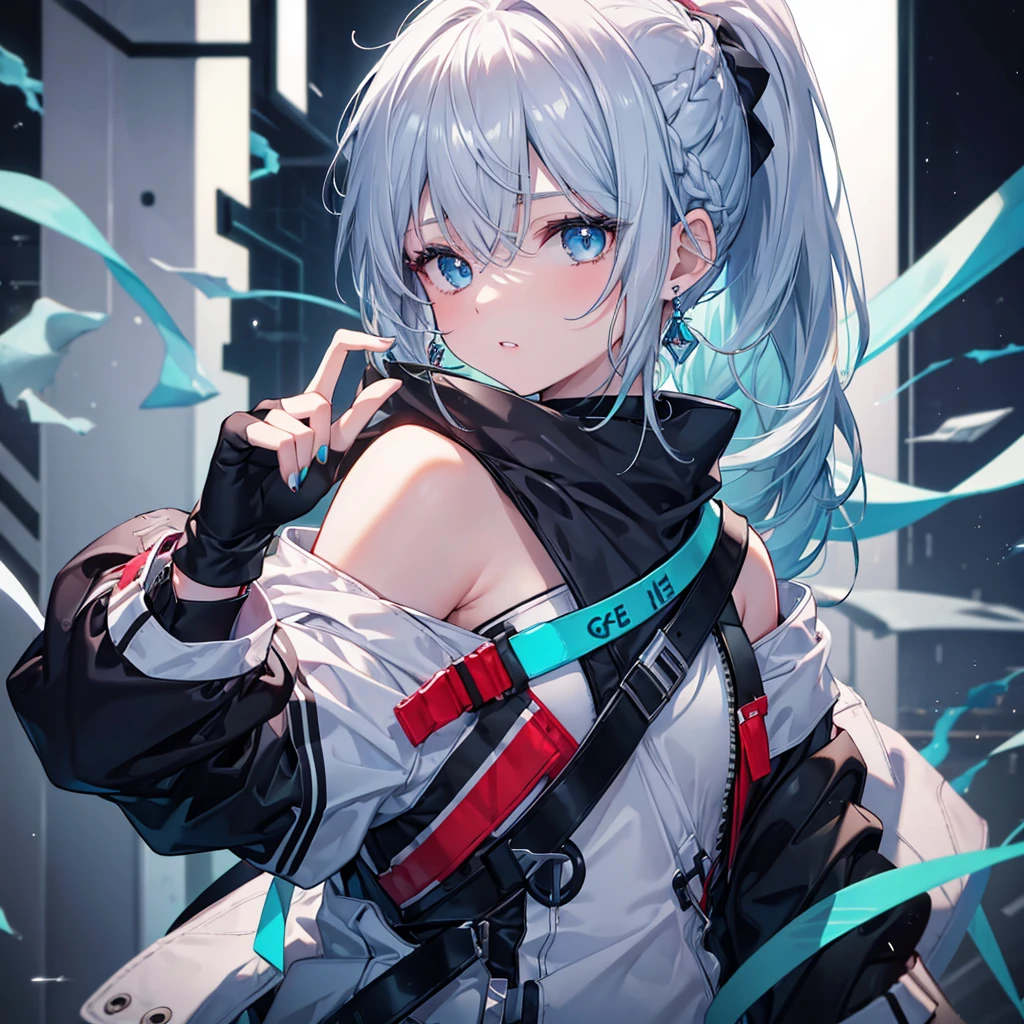 1 girl, aqua eye, return, bangs, bare shoulders, black gloves, blue eyes, Braid, choker, earrings, fingerless gloves, from behind, gloves, gray hair, holding, Jacket, jewelry, long hair, looking at the viewer, looking return, nail polish, off shoulder, parted lips, earrings, ponytail, red Jacket, alone, Upper body,Bayi,[[realistic]],(shiny skin),(masterpiece:1.4),(highest quality:1.4)