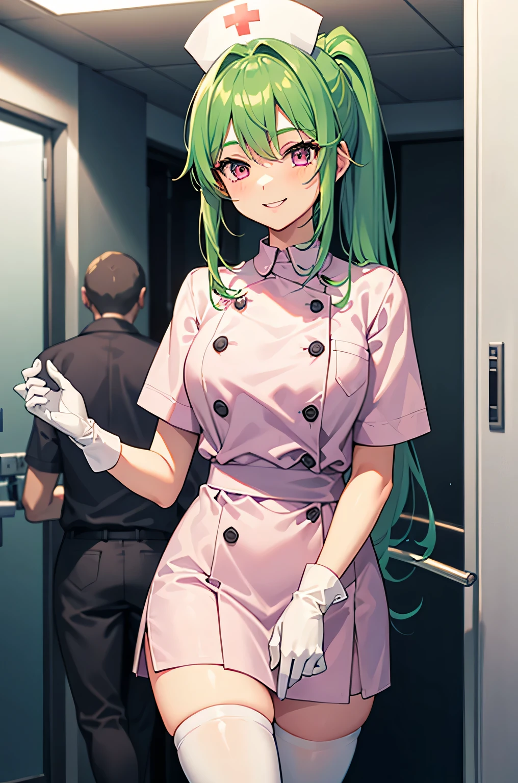 1 girl, alone, nurse, nurse cap, White nurse uniform, ((white legwear, zettai ryouiki)), white gloves, ponytail, green hair, pink eyes, smile, Are standing, ((hospital room)), sharp outline, short sleeve, highest quality, masterpiece