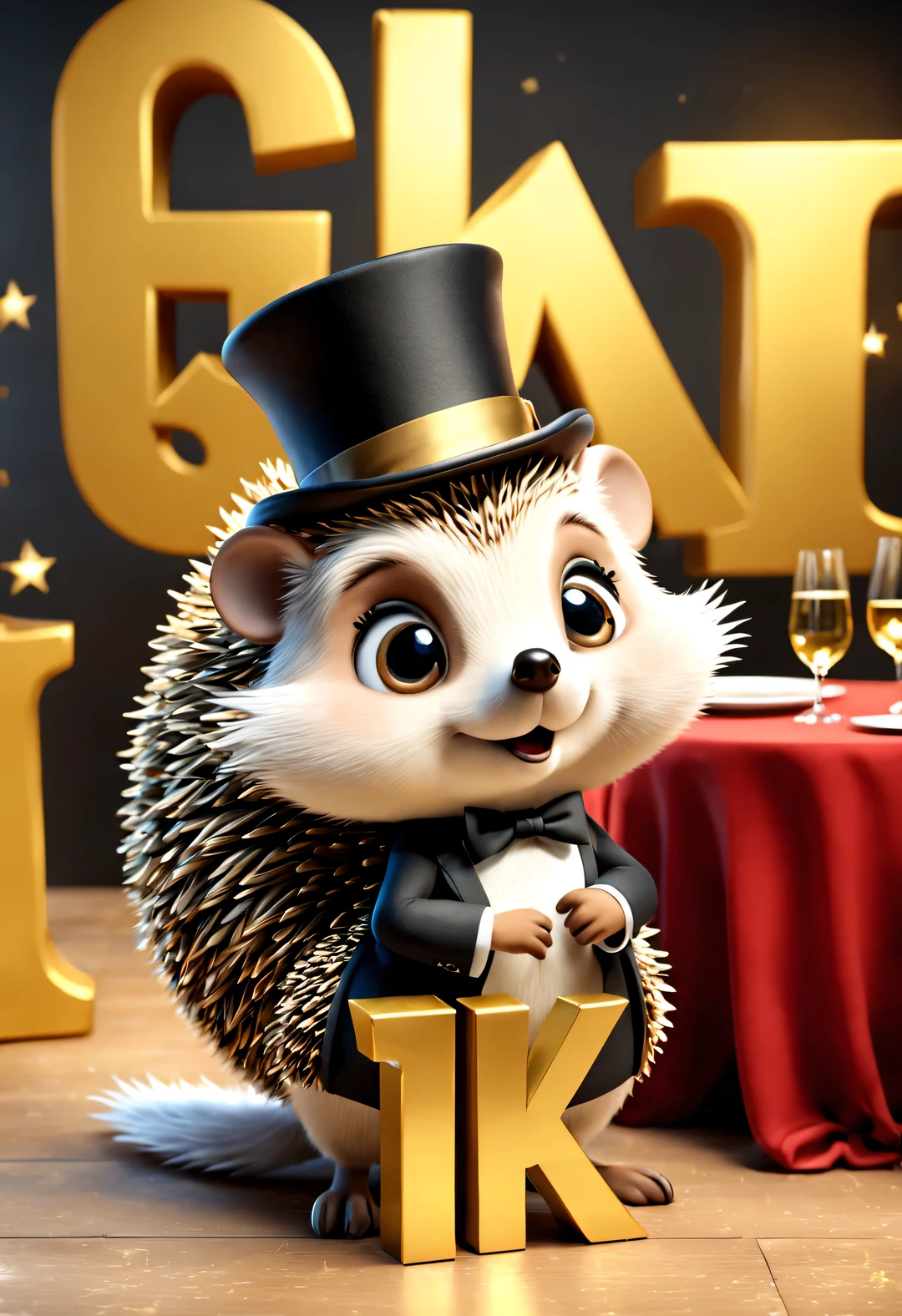 (Kawaii cartoon hedgehog wearing a top hat and evening gown bowing to the camera), (There are huge golden letters on the table "1K": 1.2), tilt and move, cartoon, illustration, 3d rendering,