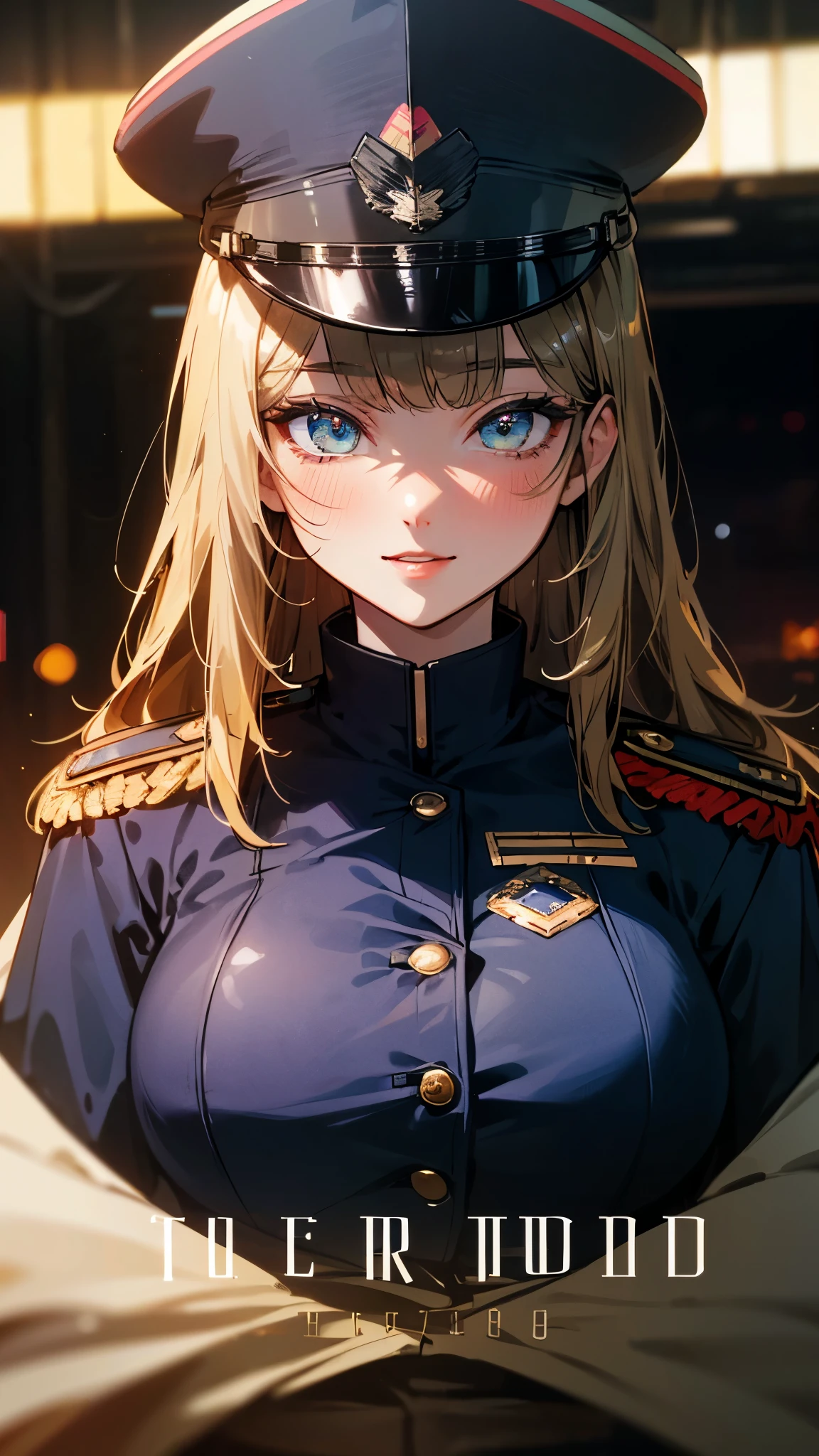 (UHD, retina, masterpiece, accurate, anatomically_correct, textured_skin, super_detail, high_details, high_quality, best_quality, high_res, 1080P, HD, 4K, 8k, 16k), (beautiful_detailed_eyes, beautiful_detailed_lips, extremely_detailed_eyes_and_face), soft_lighting, physically-based_rendering, vivid_colors, (large_breasts:1.5), (shiny_hair, shiny_skin, tanned_skin, blush), (bangs:1.5), eye_reflection, (bokeh, cockpit, science_fiction), smile_and_laugh, (military_cap, military_uniform_coat, rank_insignia, gloves:1.5),