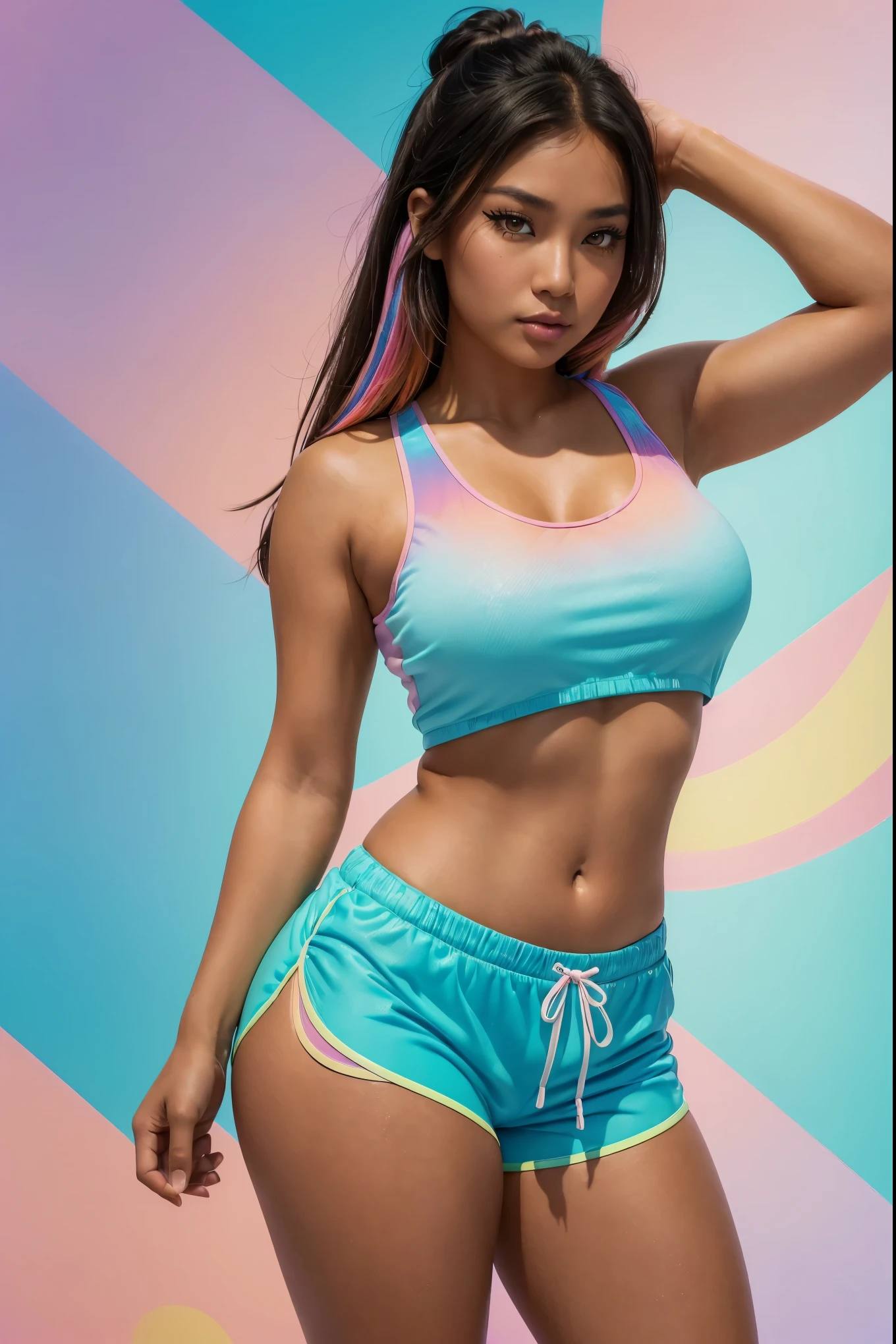 (Sexy tanned Polynesian|Asian woman, 1girl:1.2, thicc hourglass figure, perfect eyeliner:1.2), (masterpiece:1.4, best quality), medium breasts, unity 8k wallpaper, ultra detailed, (pastel background, wearing gym shorts and colorful tank top:1.3), alluring pose, upper body, ass, beautiful and aesthetic, detailed, solo