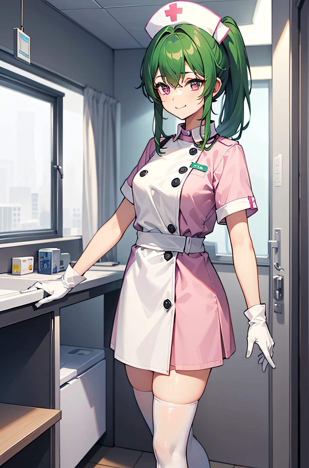 1 girl, alone, nurse, nurse cap, White nurse uniform, ((white legwear, zettai ryouiki)), white gloves, ponytail, green hair, pink eyes, smile, Are standing, ((hospital room)), sharp outline, short sleeve, highest quality, masterpiece