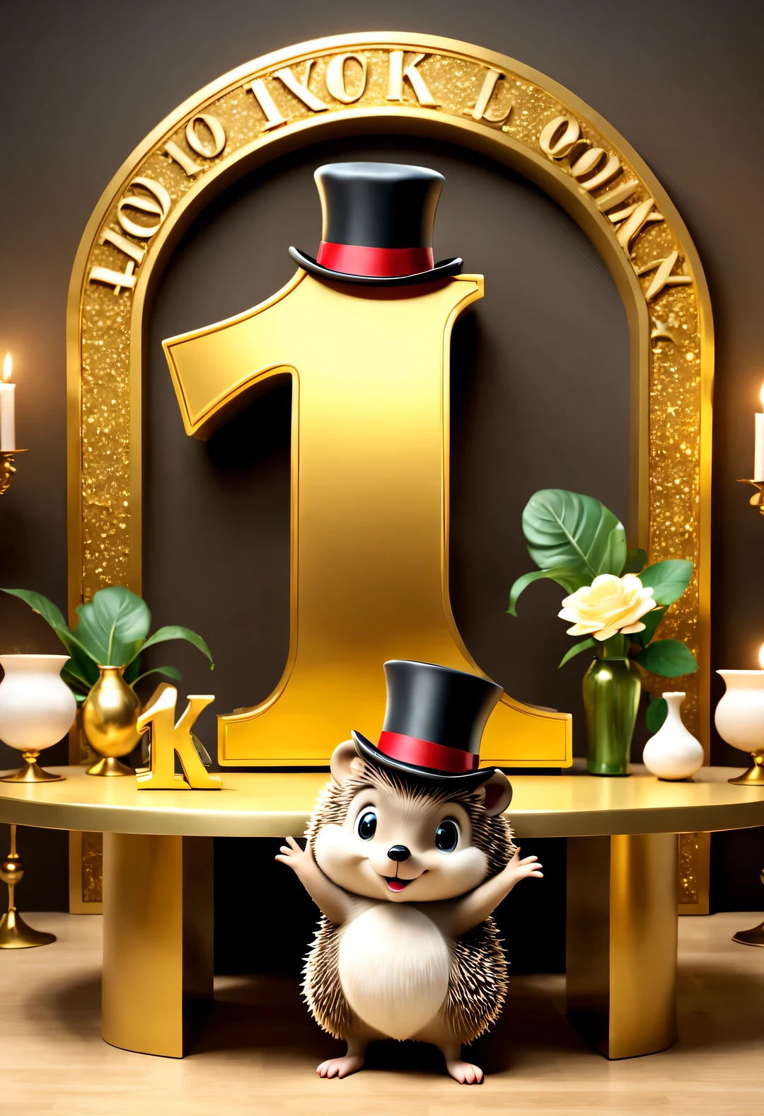 (Kawaii cartoon hedgehog wearing a top hat and evening gown bowing to the camera), (There are huge golden letters on the table "1K": 1.2), tilt and move, cartoon, illustration, 3d rendering,