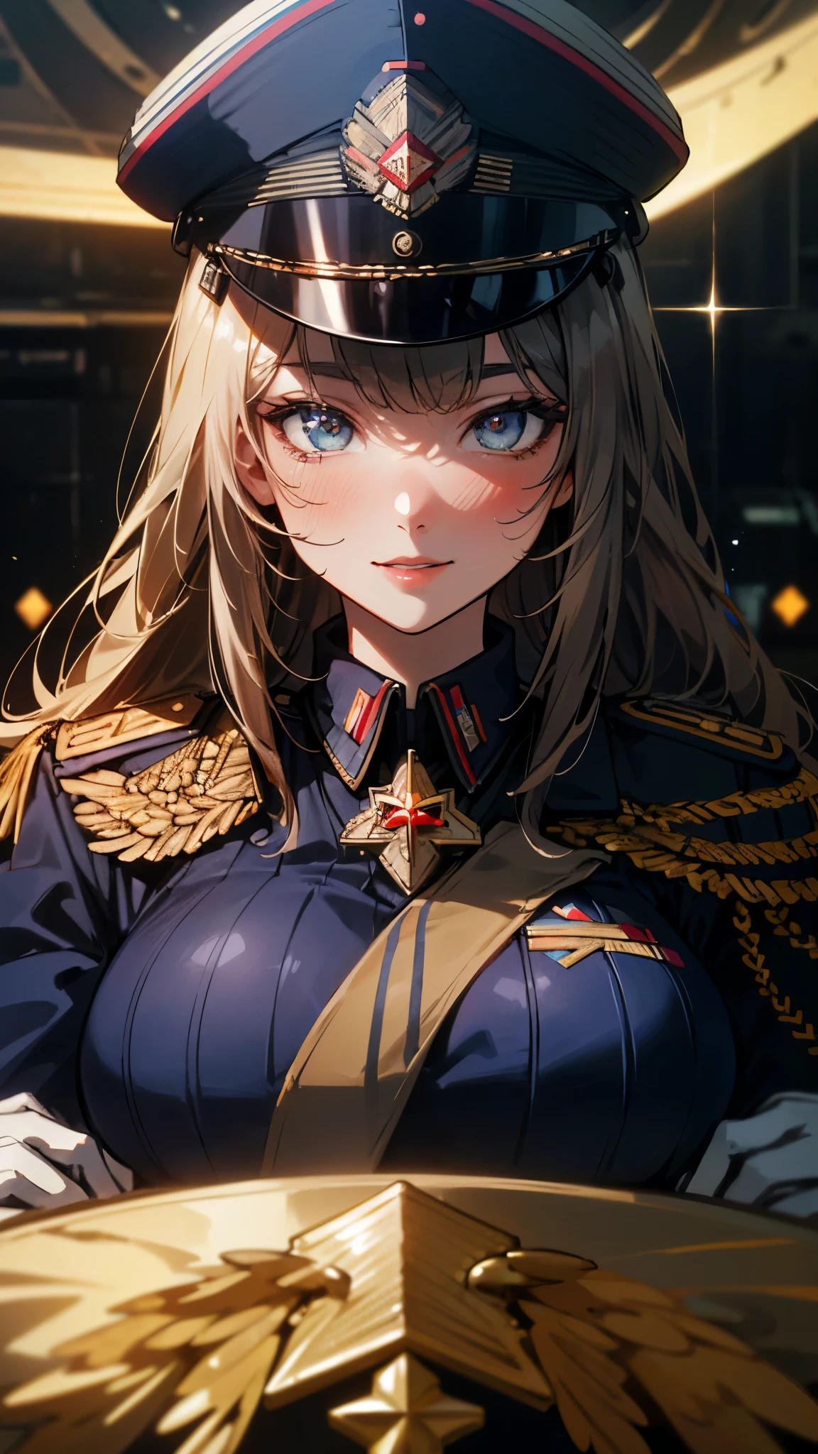 (UHD, retina, masterpiece, accurate, anatomically_correct, textured_skin, super_detail, high_details, high_quality, best_quality, high_res, 1080P, HD, 4K, 8k, 16k), (beautiful_detailed_eyes, beautiful_detailed_lips, extremely_detailed_eyes_and_face), soft_lighting, physically-based_rendering, vivid_colors, (large_breasts:1.5), (shiny_hair, shiny_skin, tanned_skin, blush), (bangs:1.5), eye_reflection, (bokeh, cockpit, science_fiction), smile_and_laugh, (military_cap, military_uniform_coat, rank_insignia, gloves:1.5),