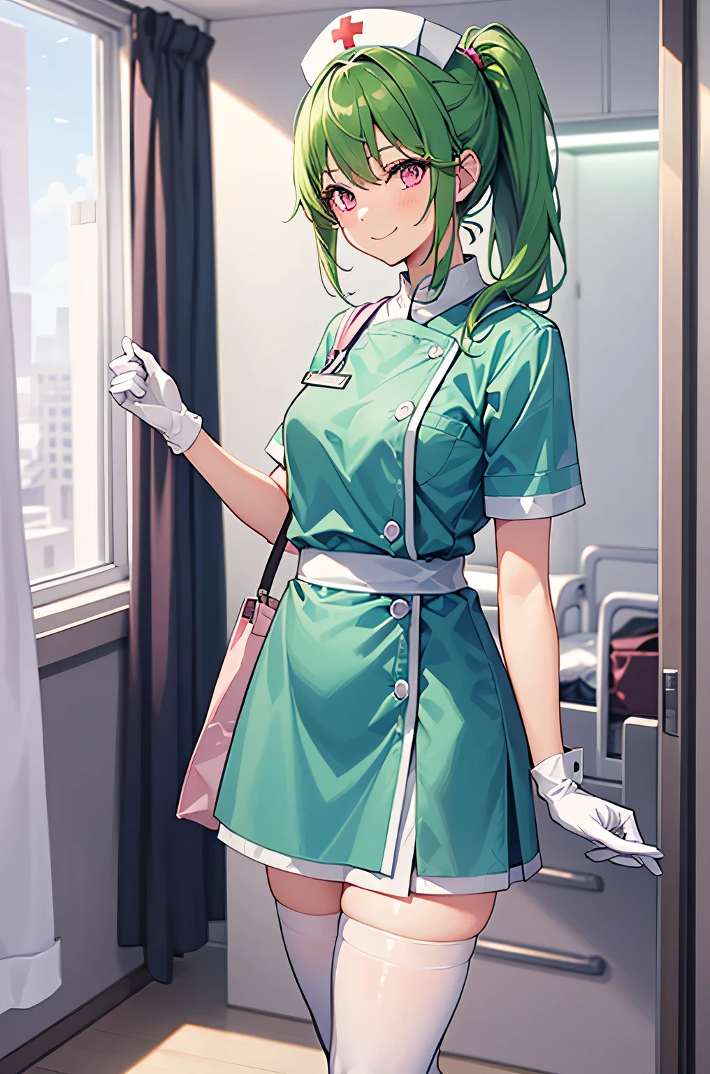 1 girl, alone, nurse, nurse cap, White nurse uniform, ((white legwear, zettai ryouiki)), white gloves, ponytail, green hair, pink eyes, smile, Are standing, ((hospital room)), sharp outline, short sleeve, highest quality, masterpiece