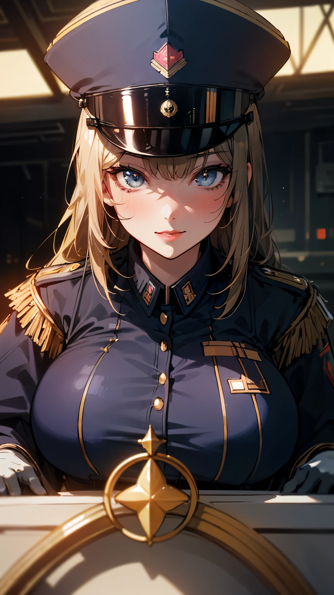 (UHD, retina, masterpiece, accurate, anatomically_correct, textured_skin, super_detail, high_details, high_quality, best_quality, high_res, 1080P, HD, 4K, 8k, 16k), (beautiful_detailed_eyes, beautiful_detailed_lips, extremely_detailed_eyes_and_face), soft_lighting, physically-based_rendering, vivid_colors, (large_breasts:1.5), (shiny_hair, shiny_skin, tanned_skin, blush), (bangs:1.5), eye_reflection, (bokeh, cockpit, science_fiction), smile_and_laugh, (military_cap, military_uniform_coat, rank_insignia, gloves:1.5),