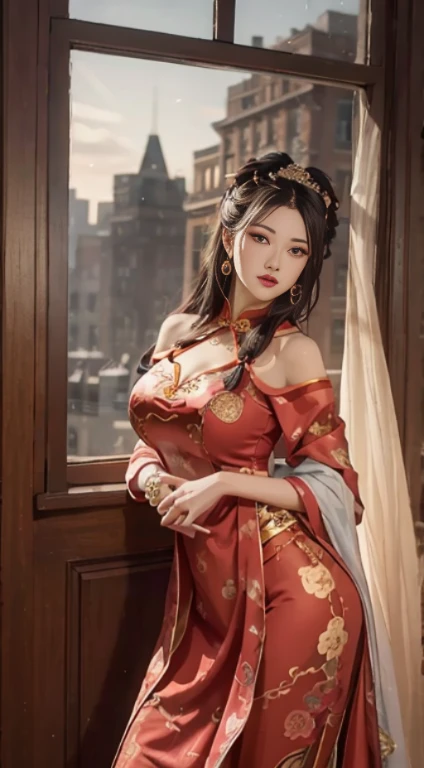 best quality, masterpiece, highres, (exquisite body:1.5),gorgeous face,(milky skin:1.3),intricate details,high resolution,wallpaper,
1girl, solo, dress, hair ornament, (((gold and red dress))), flowers, long hair, brown hair, closed mouth, jewelry, long sleeves, hand up, wide sleeves, big eyes,floating hair, chinese clothes, hanfu, embroidery, long skirt, natural pose, falling petals, indoor,fanning, lantern,
16K,HDR,highres,depth field,(film grain:1.1),boken,golden hour,(lens flare),vignette,rainbowing,(color grading:1.5)