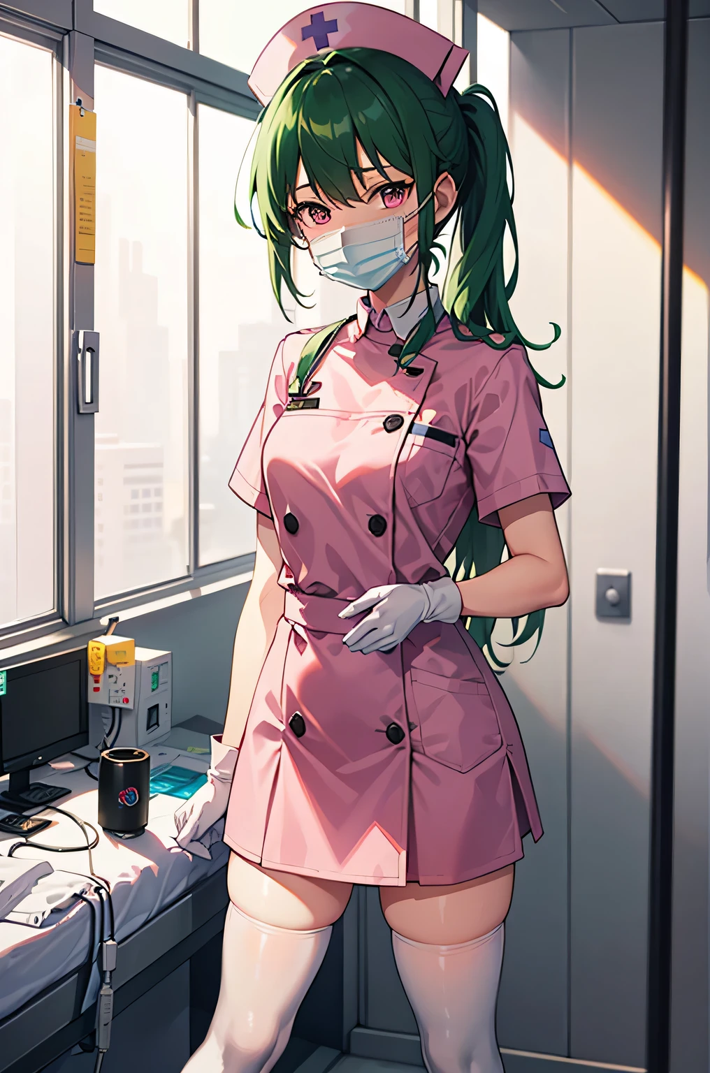 1 girl, alone, nurse, nurse cap, Whiteware, ((white legwear, zettai ryouiki)), white gloves, ponytail, green hair, pink eyes, ((White surgical mask, Covered nose)), Are standing, ((hospital room)), sharp outline, short sleeve, highest quality, masterpiece