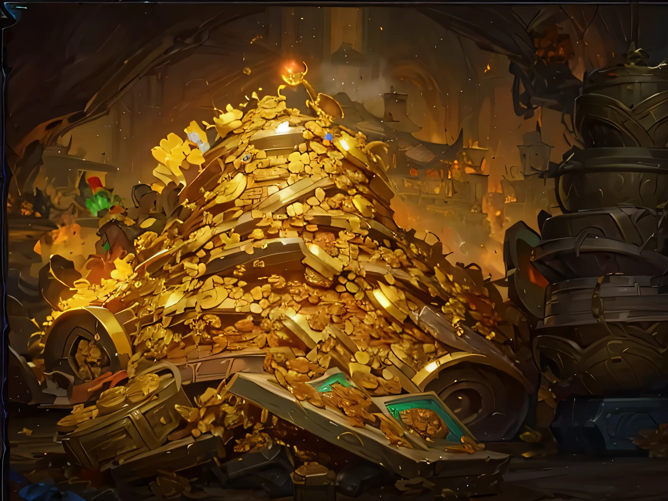 Image of a pile of gold coins in the Arafad cave, 黄金和treasures, treasures, treasures of gold, shrouded in gold, treasures背景, Treasure Artifact, and a pile of gold, treasures, Hearthstone Art, hearthstone splash art, Hearthstone concept art, Hearthstone Official Splash Art, many treasures, Hearthstone Card Art, Hearthstone Artwork