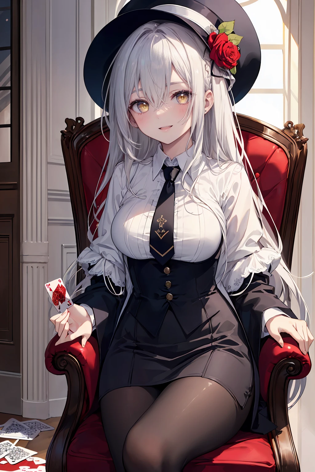 ((8Kmasterpiece,highest quality)), ultra high resolution, (masterpiece: 1.4), hyper detail, (((1 girl))),beautiful and delicate eyes,(yellow eyes),Big eyes,shining eyes of light,Thin and long eyelashes,detailed light,beautiful face,((silver hair)),((long hair)),(white suit),red skirt,black fishnet tights,red tie,(Dress like a magician),Rose hair ornament,magician hat,pigeon,(playing cards),fearless smile,(please open your mouth wide),sitting in a large black and red chair,looking at the viewer, slender body,(my chest is very big)
