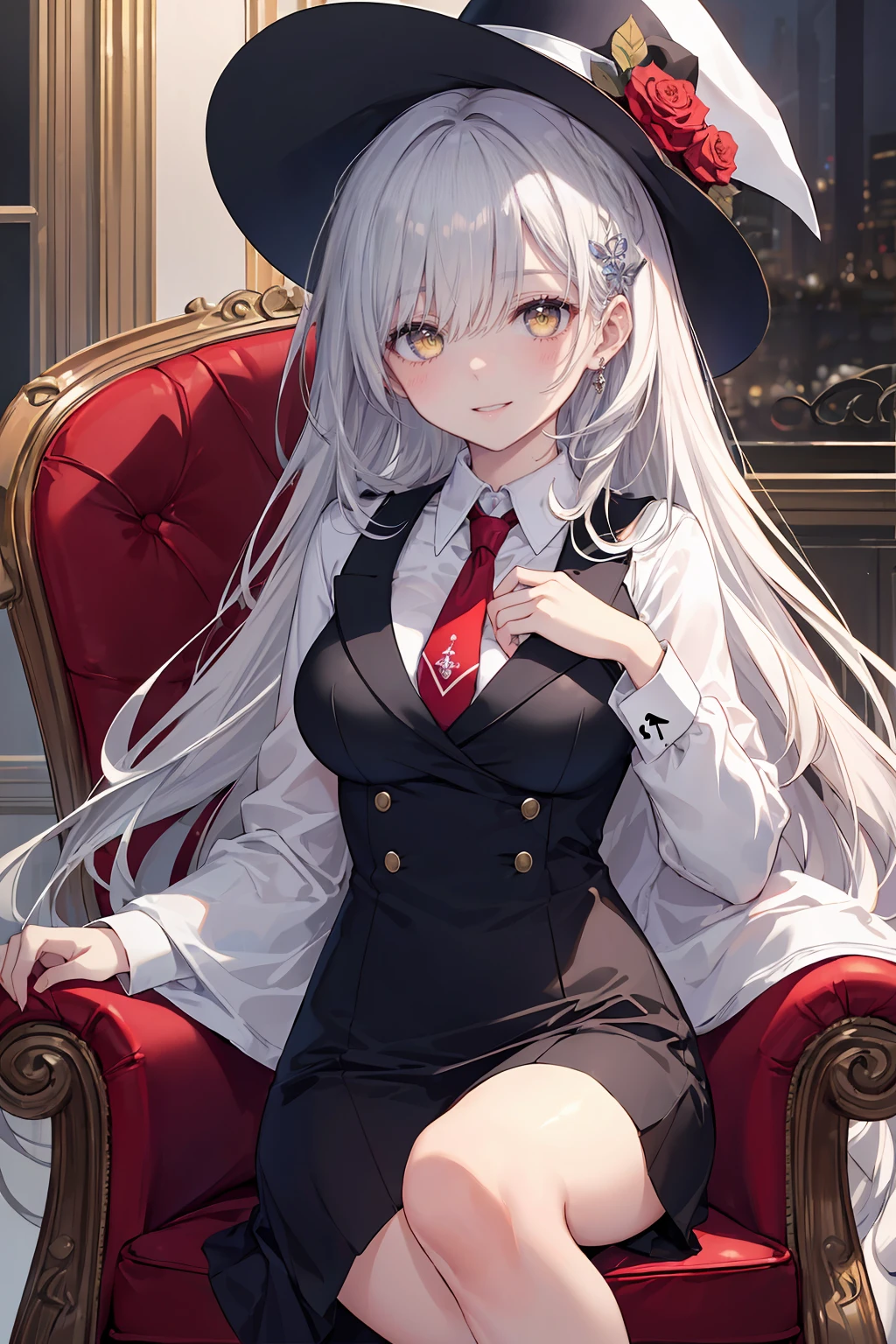((8Kmasterpiece,highest quality)), ultra high resolution, (masterpiece: 1.4), hyper detail, (((1 girl))),beautiful and delicate eyes,(yellow eyes),Big eyes,shining eyes of light,Thin and long eyelashes,detailed light,beautiful face,((silver hair)),((long hair)),(white suit),red skirt,black fishnet tights,red tie,(Dress like a magician),Rose hair ornament,magician hat,pigeon,(playing cards),fearless smile,(please open your mouth wide),sitting in a large black and red chair,looking at the viewer, slender body,(my chest is very big)