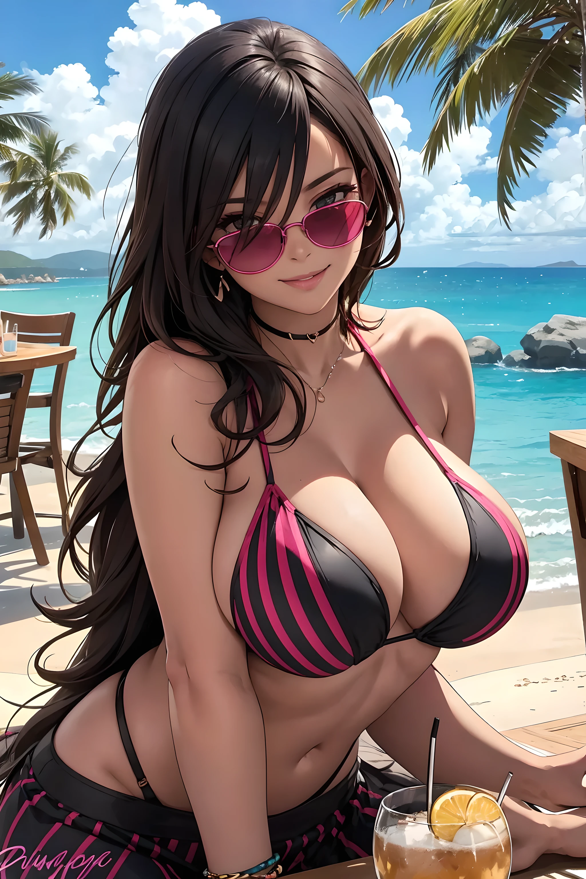 Close up of a curvy woman sitting at the beach bar, drinking, smile, black and magenta striped bikini, glossy skin, bracelet, sun glasses, summer