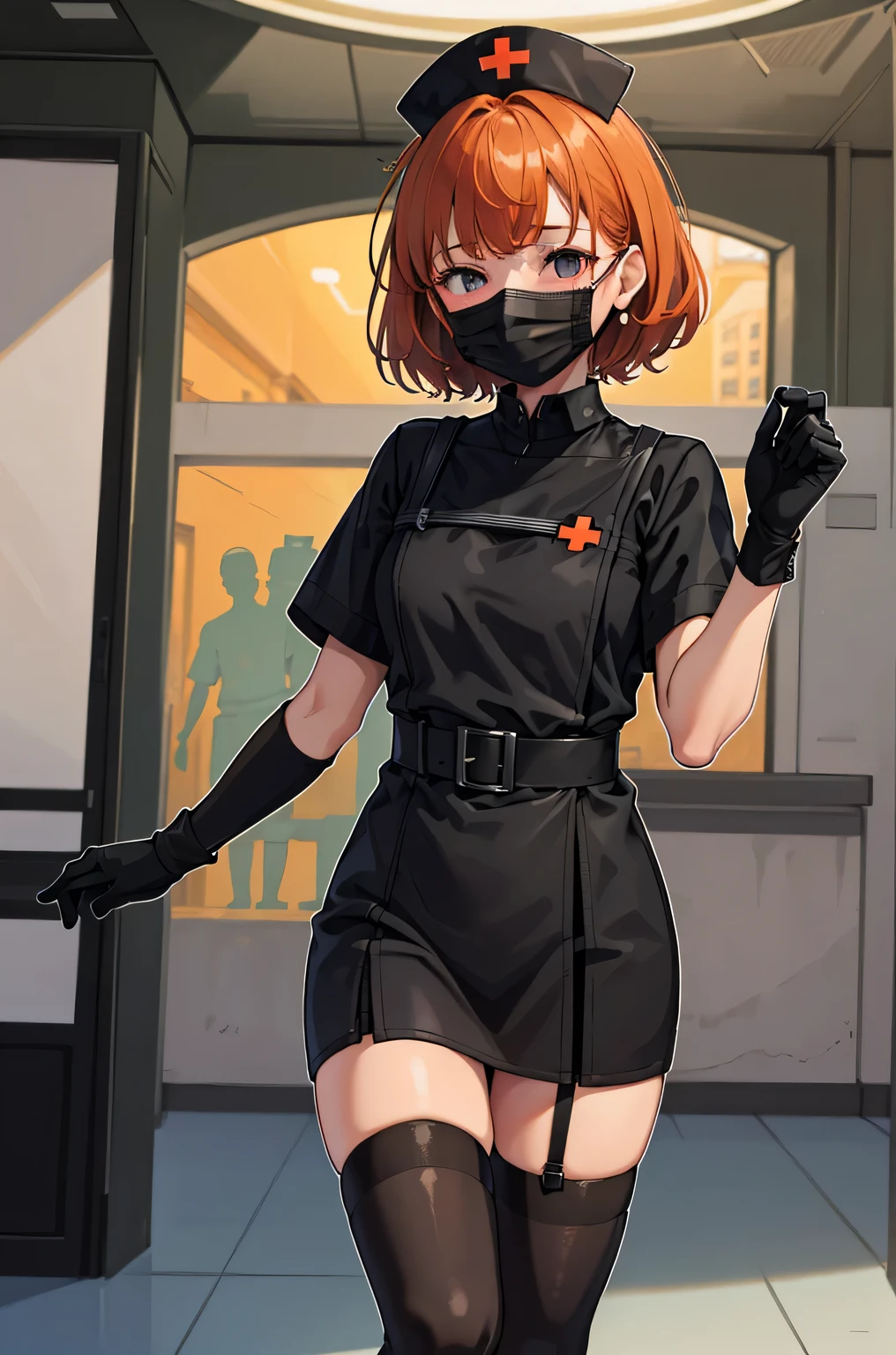black nurse, 1 girl, alone, black nurse cap, Black nurse uniform, ((black legwear, zettai ryouiki)), black elbow gloves, very short hair, orange hair, ((Black surgical mask, Covered nose)), Are standing, ((operating room)), sharp outline, short sleeve, Tomboy, boyish, highest quality, masterpiece