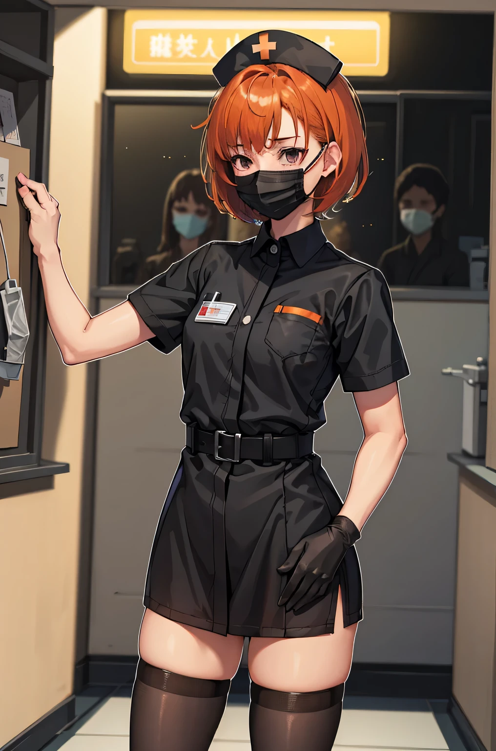 black nurse, 1 girl, alone, black nurse cap, Black nurse uniform, ((black legwear, zettai ryouiki)), black elbow gloves, very short hair, orange hair, ((Black surgical mask, Covered nose)), Are standing, ((operating room)), sharp outline, short sleeve, Tomboy, boyish, highest quality, masterpiece