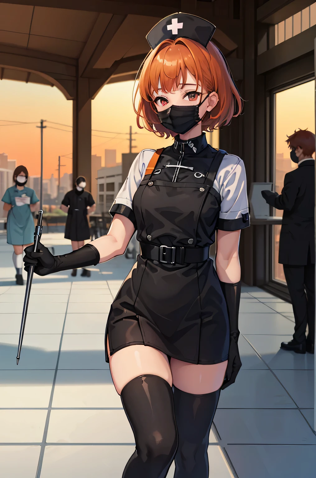 black nurse, 1 girl, alone, black nurse cap, Black nurse uniform, ((black legwear, zettai ryouiki)), black elbow gloves, very short hair, orange hair, ((Black surgical mask, Covered nose)), Are standing, ((operating room)), sharp outline, short sleeve, Tomboy, boyish, highest quality, masterpiece