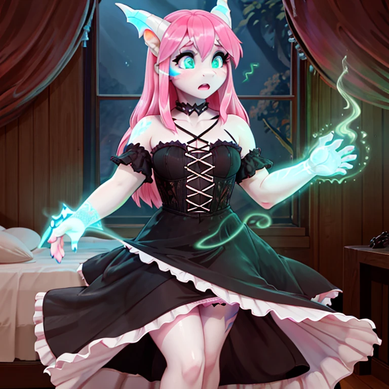 shocked dragon porcelain doll in gothic make up with white scales long Pink hairs with Blue Highlights and glowing Green eyes wearing gothic clothes looking at her body there are some traces of magic floating around her she is in a bedroom