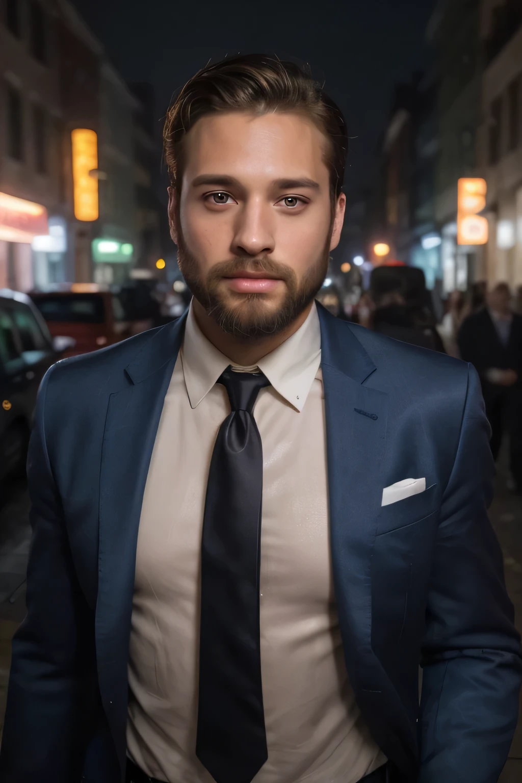 Beautiful and chamed man, 30 years old, waering a suit, smart, hot, goddess, beard, full lips, beautiful mid-light-brown hair, strong, brown eyes, gel in his hair, hyper realistic, masterpiece, (( super detailed, photorealistic ,8k)), wearing a marine blue tie, demonstrating success and intelligence, in front of camera, loking to the center of the cam (highlight on his eyes), and serious and rud expression with a provocative face, walking on luminous night in a cyberpunk street.