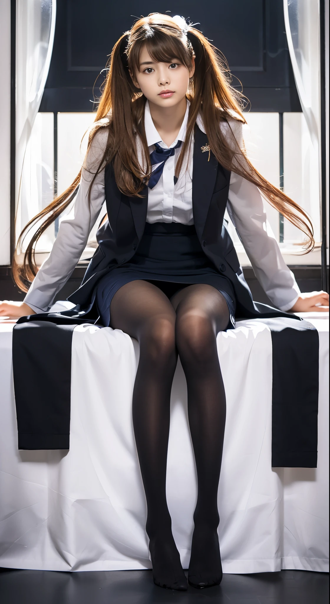 finest, masterpiece, High resolution, (whole body), front, frontやや下からの構図, symmetry, 18 year old girl, alone, (whole body from head to toe), small , long hair, brown hair, slightly messy hair, bangs, (black tights), ( (black pantyhose), black pantyhose, M字開feet, 膝を曲げてfeetを広げている, composition Show me your white panties, slender beautiful feet, とても美しい18 year old girl (not wearing shoes) feet), blush, shy big eyes, messy hair, looking at camera, Show me your white panties, dark blue office lady uniform, pencil skirt