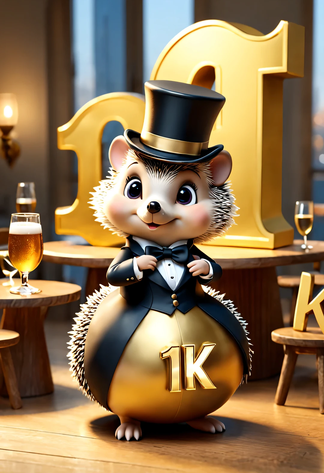 (Kawaii cartoon hedgehog wearing top hat and evening gown bowing to the camera), (There are huge golden letters on the table "1K": 1.2), Large beer mugs, champagne bottle,
tilt and move, cartoon, illustration, 3d rendering,