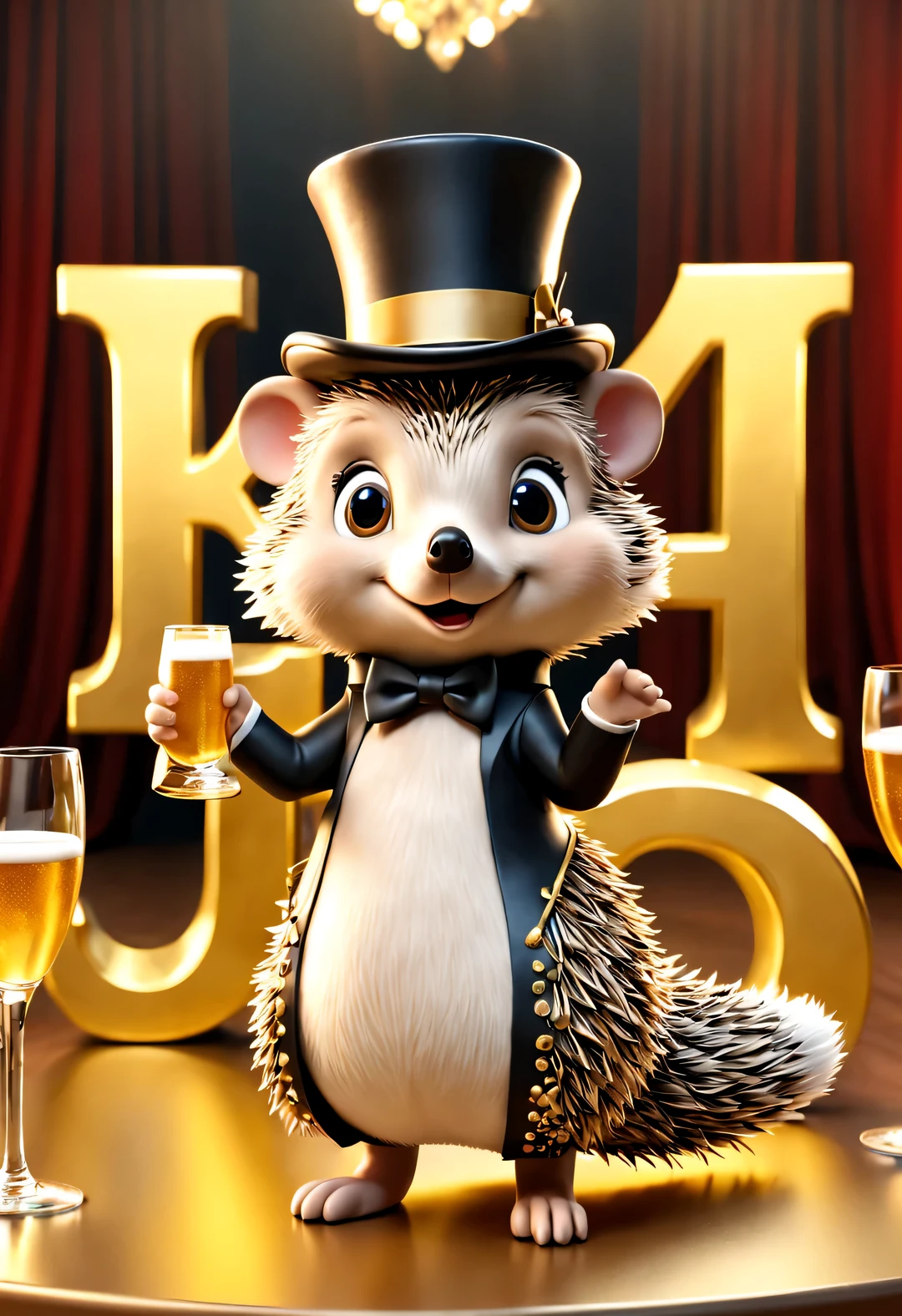 (Kawaii cartoon hedgehog wearing top hat and evening gown bowing to the camera), (There are huge golden letters on the table "1K": 1.2), Large beer mugs, champagne bottle,
tilt and move, cartoon, illustration, 3d rendering,