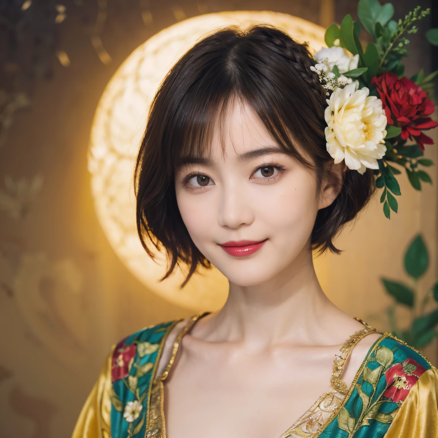 148
(20 year old woman,Floral costume), (surreal), (High resolution), ((beautiful hairstyle 46)), ((short hair:1.46)), (gentle smile), (breasted:1.1), (lipstick)