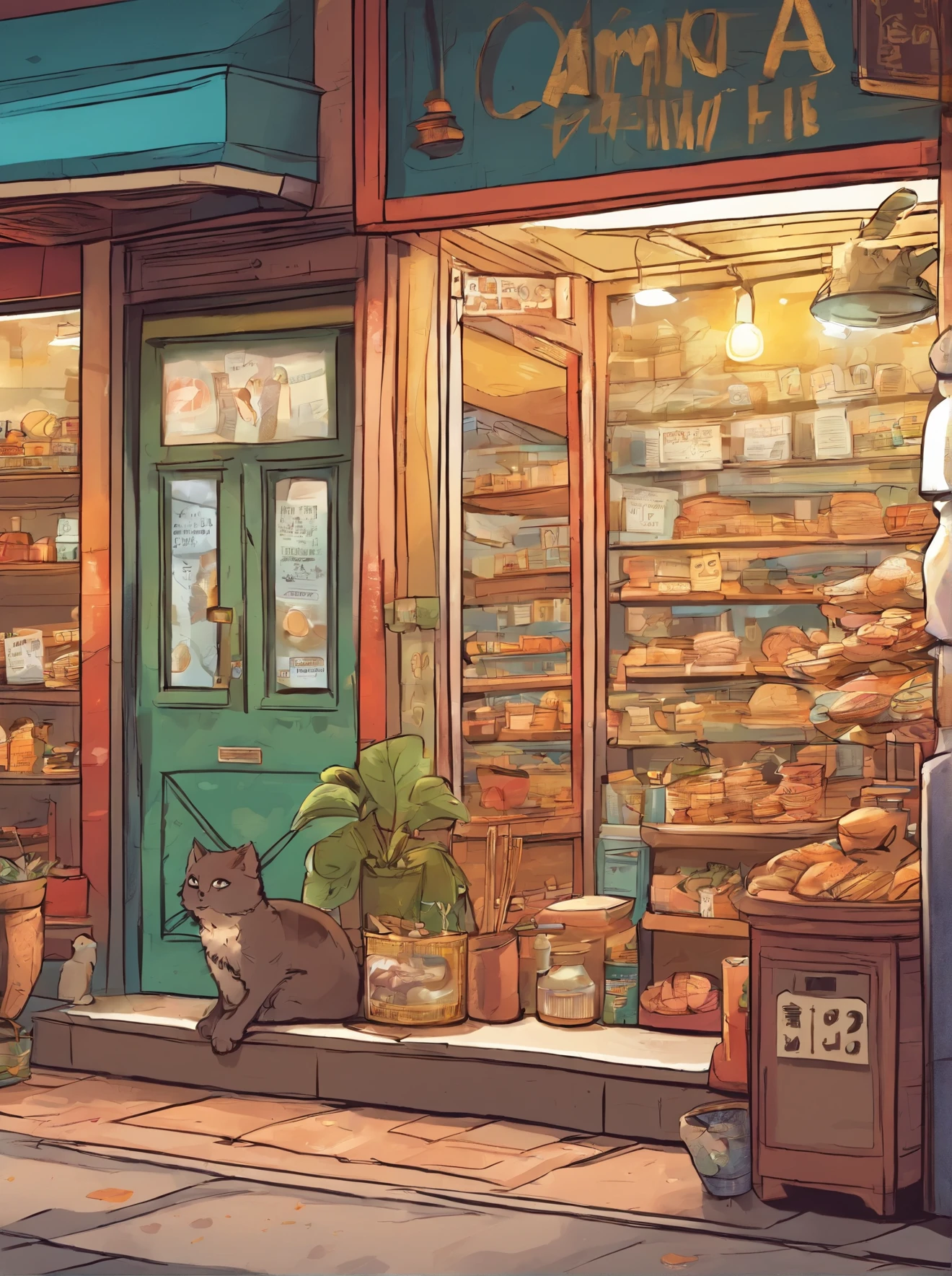 Dessert shop, Detailed shop window, There is a little kitten at the door,cozy atmosphere,These are ordinary photos of everyday life, Breakthrough 4K, Super detailed, excellent, Astonishing, amazing,