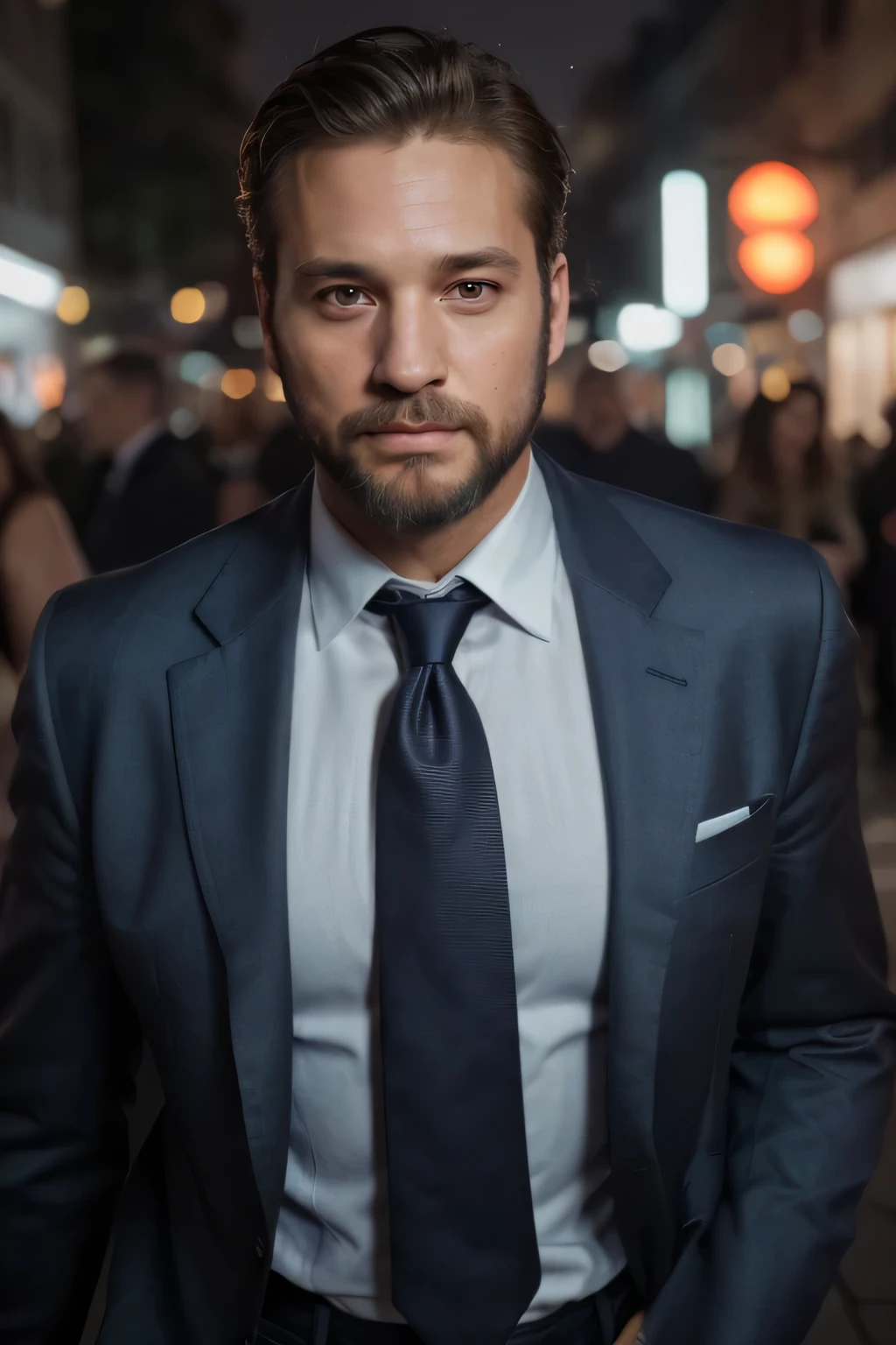 Beautiful and chamed man, 60 years old, waering a suit, smart, hot, goddess, beard, full lips, beautiful mid-light-brown hair, strong, brown eyes, gel in his hair, hyper realistic, masterpiece, (( super detailed, photorealistic ,8k)), wearing a marine blue tie, demonstrating success and intelligence, in front of camera, loking to the center of the cam (highlight on his eyes), and serious and rud expression with a provocative face, walking on luminous night in a cyberpunk street.
