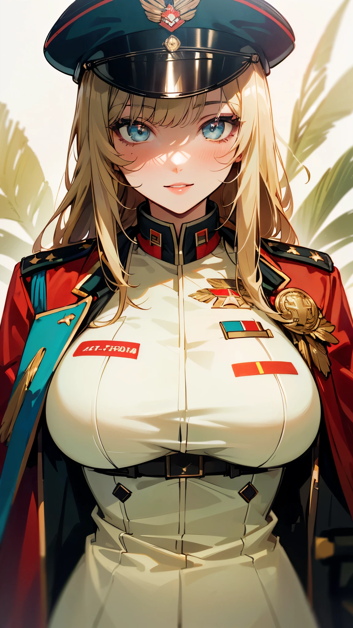(UHD, retina, masterpiece, accurate, anatomically_correct, textured_skin, super_detail, high_details, high_quality, best_quality, high_res, 1080P, HD, 4K, 8k, 16k), (beautiful_detailed_eyes, beautiful_detailed_lips, extremely_detailed_eyes_and_face), soft_lighting, physically-based_rendering, vivid_colors, (large_breasts:1.5), (shiny_hair, shiny_skin, tanned_skin, blush), (bangs:1.5), eye_reflection, (bokeh, cockpit, science_fiction), smile_and_laugh, (military_cap, military_uniform_coat, rank_insignia, show_your_palm:1.5),