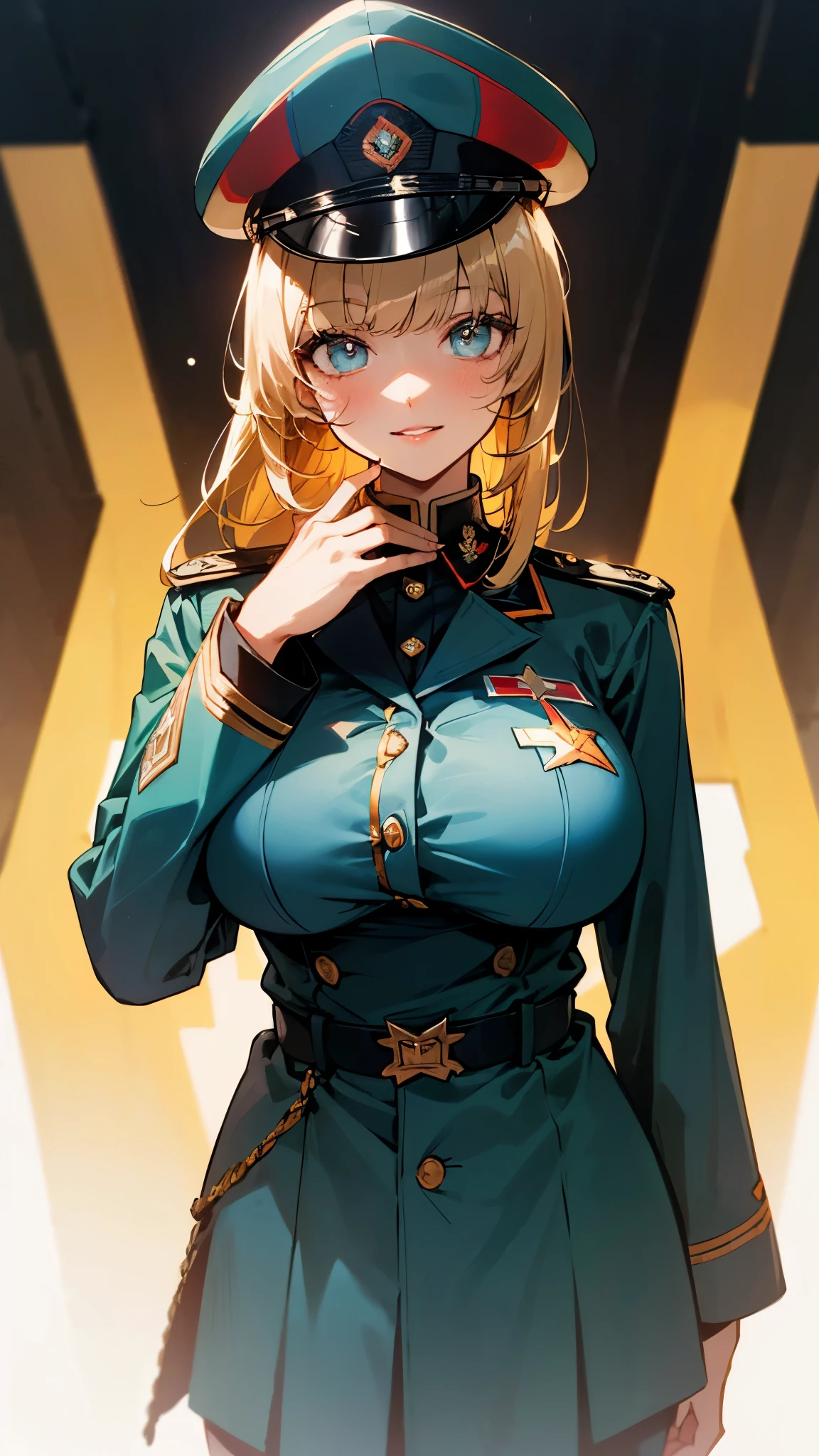 (UHD, retina, masterpiece, accurate, anatomically_correct, textured_skin, super_detail, high_details, high_quality, best_quality, high_res, 1080P, HD, 4K, 8k, 16k), (beautiful_detailed_eyes, beautiful_detailed_lips, extremely_detailed_eyes_and_face), soft_lighting, physically-based_rendering, vivid_colors, (large_breasts:1.5), (shiny_hair, shiny_skin, tanned_skin, blush), (bangs:1.5), eye_reflection, (bokeh, cockpit, science_fiction), smile_and_laugh, (military_cap, military_uniform_coat, rank_insignia, show_your_palm:1.5),