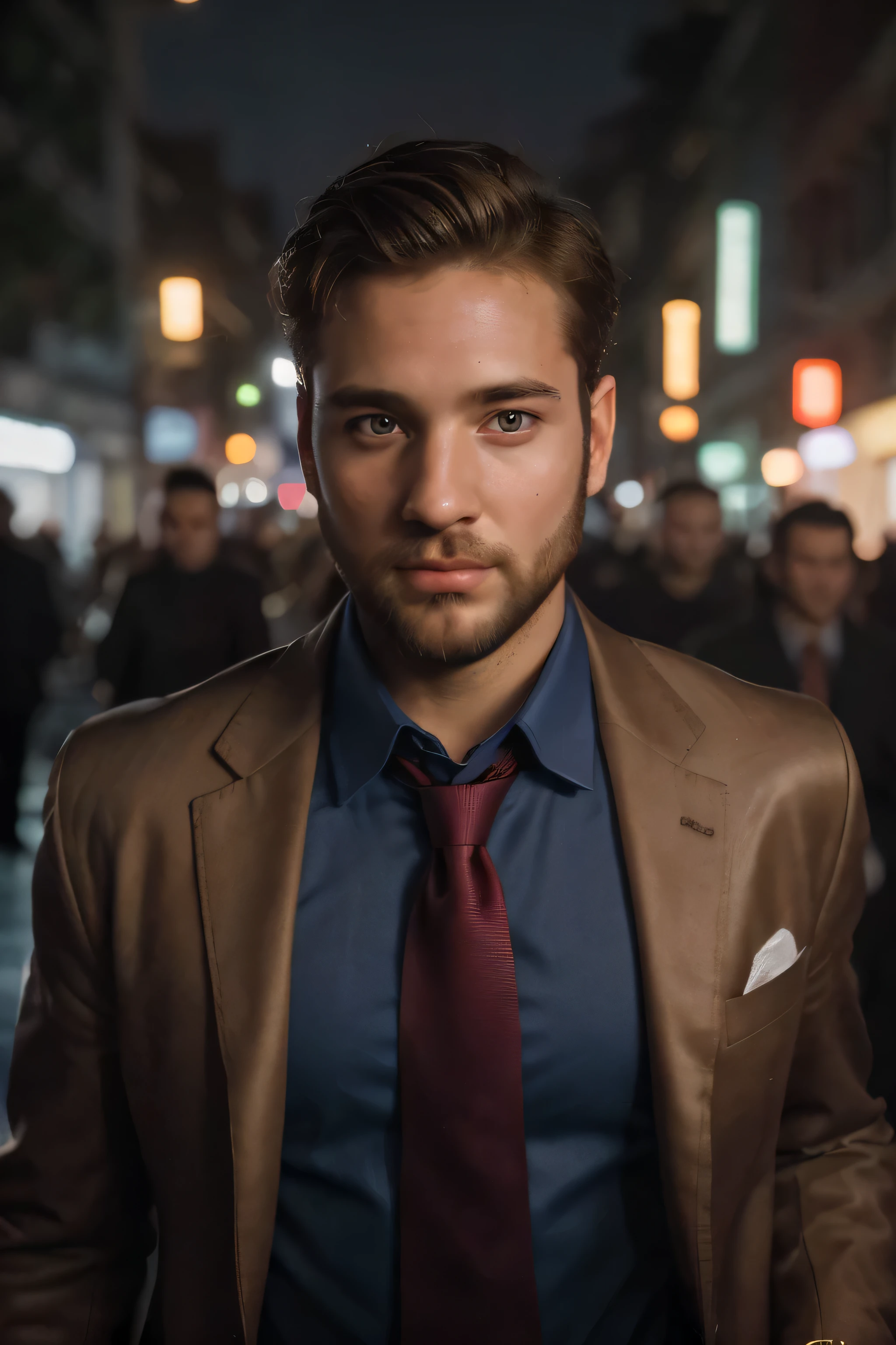 Beautiful and chamed man, 30 years old, waering a suit, smart, hot, goddess, beard, full lips, beautiful mid-light-brown hair, strong, brown eyes, gel in his hair, hyper realistic, masterpiece, (( super detailed, photorealistic ,8k)), wearing a marine blue tie, demonstrating success and intelligence, in front of camera, loking to the center of the cam (highlight on his eyes), and serious and rud expression with a provocative face, walking on luminous night in a cyberpunk street.