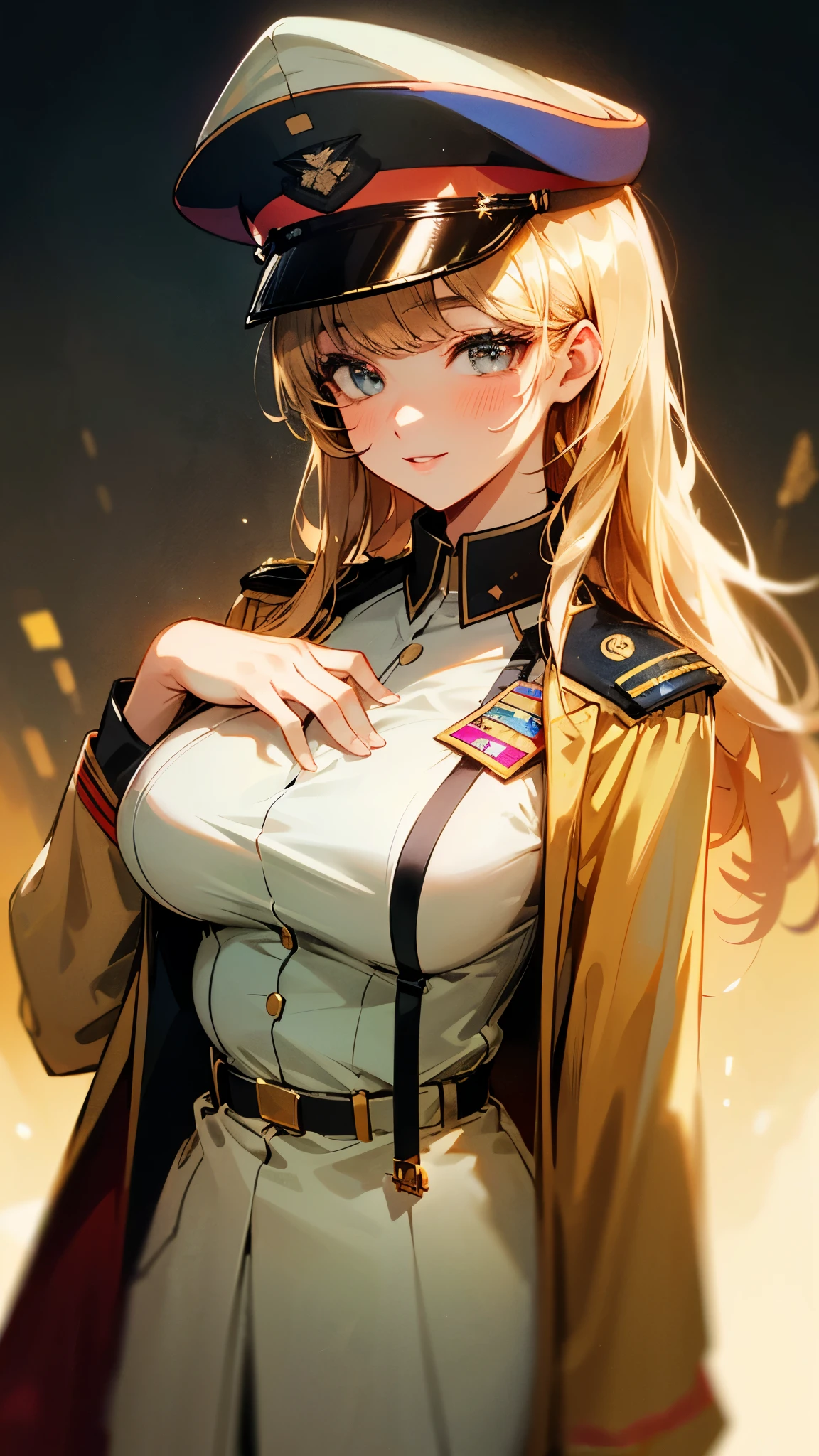 (UHD, retina, masterpiece, accurate, anatomically_correct, textured_skin, super_detail, high_details, high_quality, best_quality, high_res, 1080P, HD, 4K, 8k, 16k), (beautiful_detailed_eyes, beautiful_detailed_lips, extremely_detailed_eyes_and_face), soft_lighting, physically-based_rendering, vivid_colors, (large_breasts:1.5), (shiny_hair, shiny_skin, tanned_skin, blush), (bangs:1.5), eye_reflection, (bokeh, cockpit, science_fiction), smile_and_laugh, (military_cap, military_uniform_coat, rank_insignia, grab:1.5),