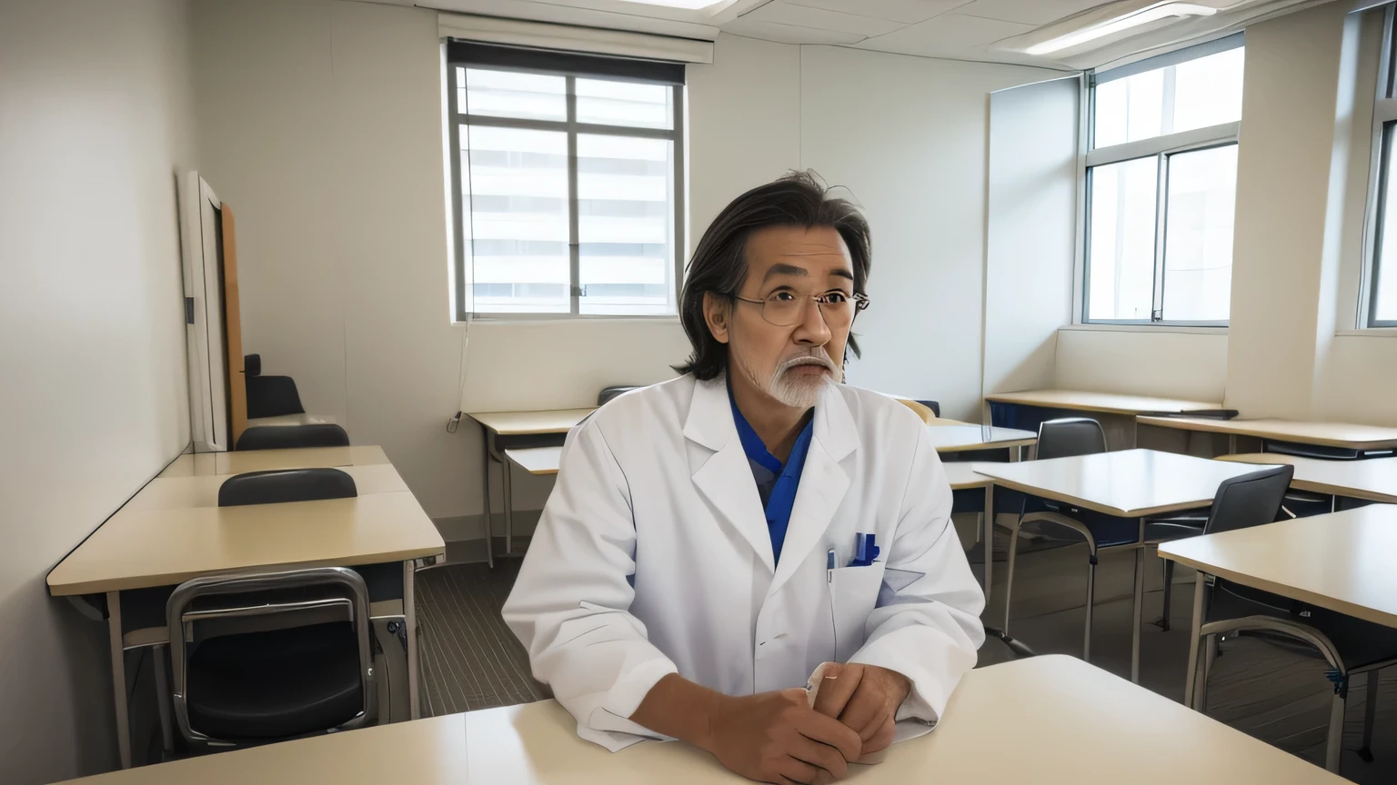 4K,RAW photo,photorealistic stick,High resolution,Japan Middle Aged Man,(very detailed face, very),(look at the camera),(Take a full body photo),(fine eyes, very detailed skin),(very detailed fingers),(very detailed nose),(Hospital Teacher),(sitting at a white office desk),(serious expression),(Wearing a doctor's lab coat),(The background is a clean and tidy examination room with white walls in a hospital..)