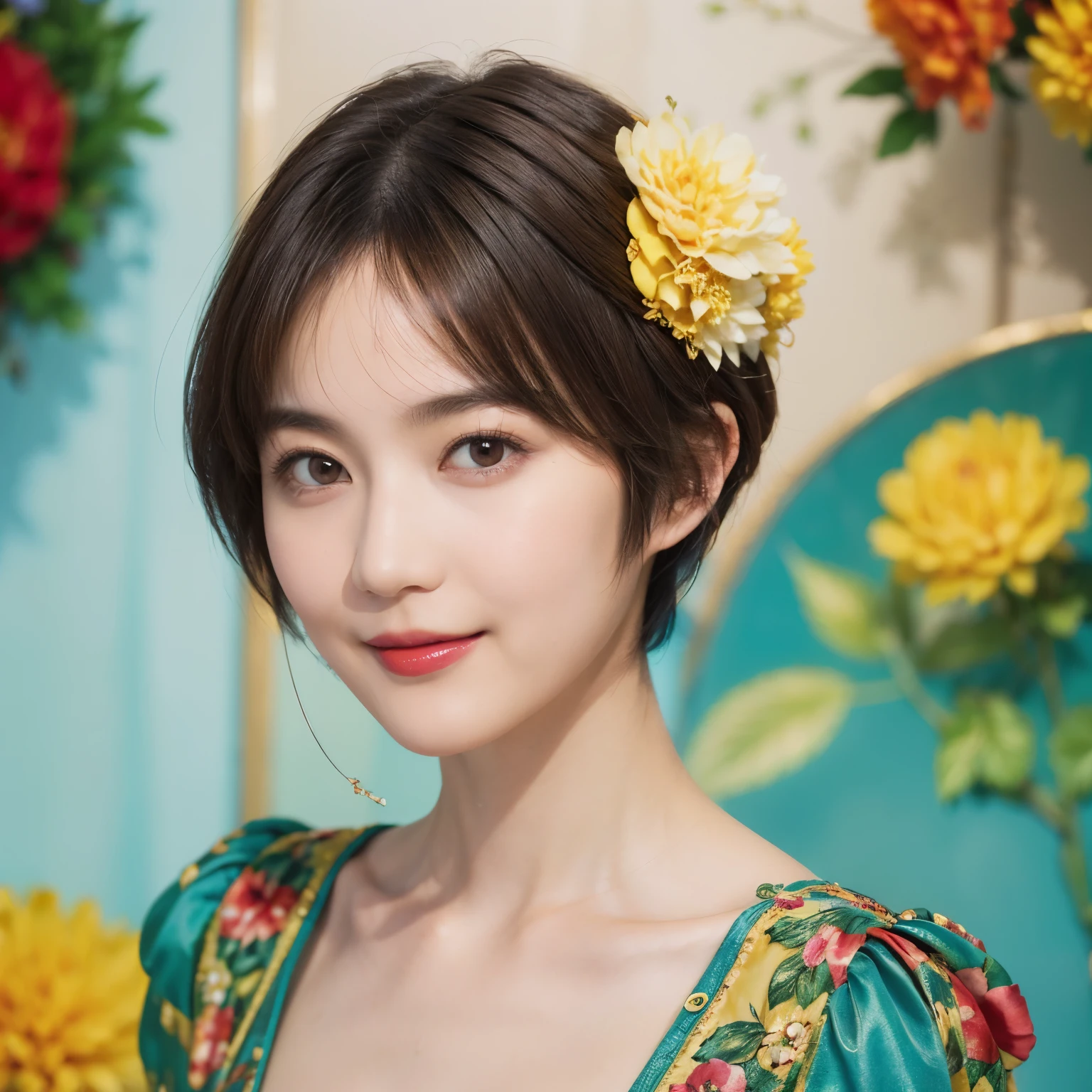 148
(20 year old woman,Floral costume), (surreal), (High resolution), ((beautiful hairstyle 46)), ((short hair:1.46)), (gentle smile), (breasted:1.1), (lipstick)
