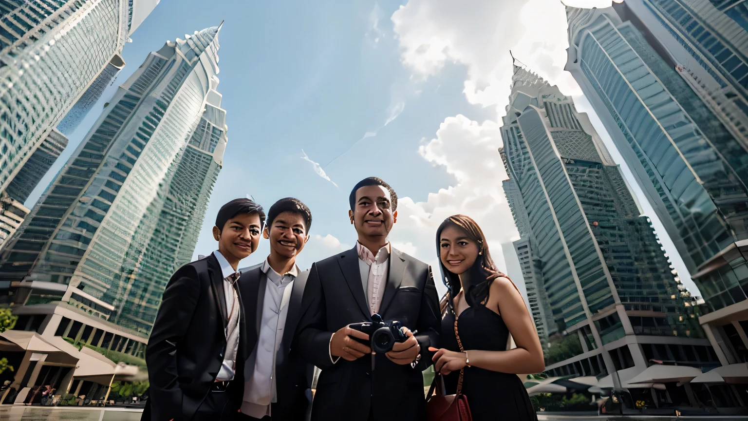 a group. Engineer. Businessman . Entrepreneur. photographer (with camera) . kids. holding words TOGETHER, KLCC background