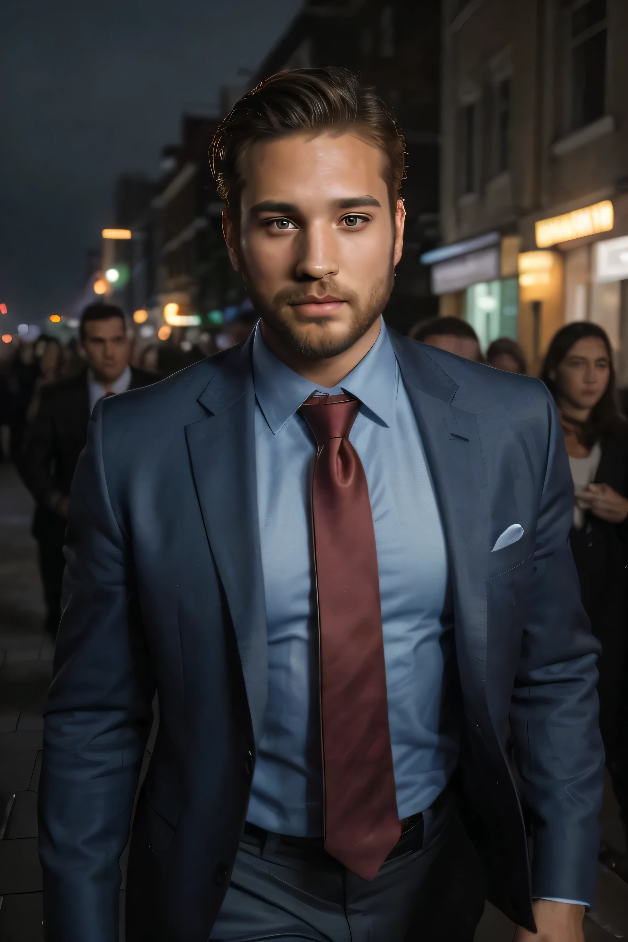 Beautiful and chamed man, 30 years old, waering a suit, smart, hot, goddess, beard, full lips, beautiful mid-light-brown hair, strong, brown eyes, gel in his hair, hyper realistic, masterpiece, (( super detailed, photorealistic ,8k)), wearing a marine blue tie, demonstrating success and intelligence, in front of camera, loking to the center of the cam (highlight on his eyes), and serious and rud expression with a provocative face, walking on luminous night in a cyberpunk street.