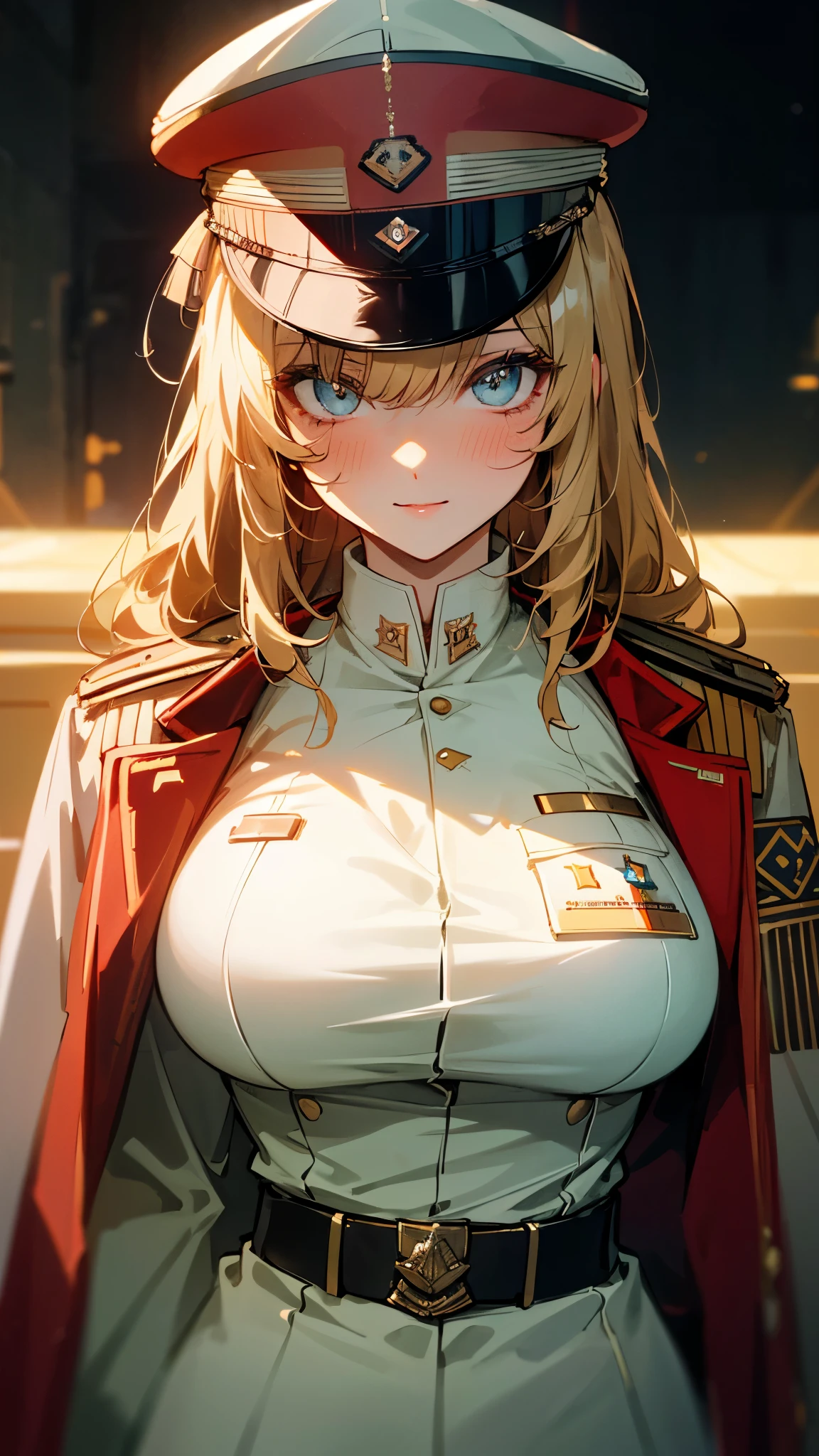 (UHD, retina, masterpiece, accurate, anatomically_correct, textured_skin, super_detail, high_details, high_quality, best_quality, high_res, 1080P, HD, 4K, 8k, 16k), (beautiful_detailed_eyes, beautiful_detailed_lips, extremely_detailed_eyes_and_face), soft_lighting, physically-based_rendering, vivid_colors, (large_breasts:1.5), (shiny_hair, shiny_skin, tanned_skin, blush), (bangs:1.5), eye_reflection, (bokeh, cockpit, science_fiction), smile_and_laugh, (military_cap, military_uniform_coat, rank_insignia, throw:1.5),