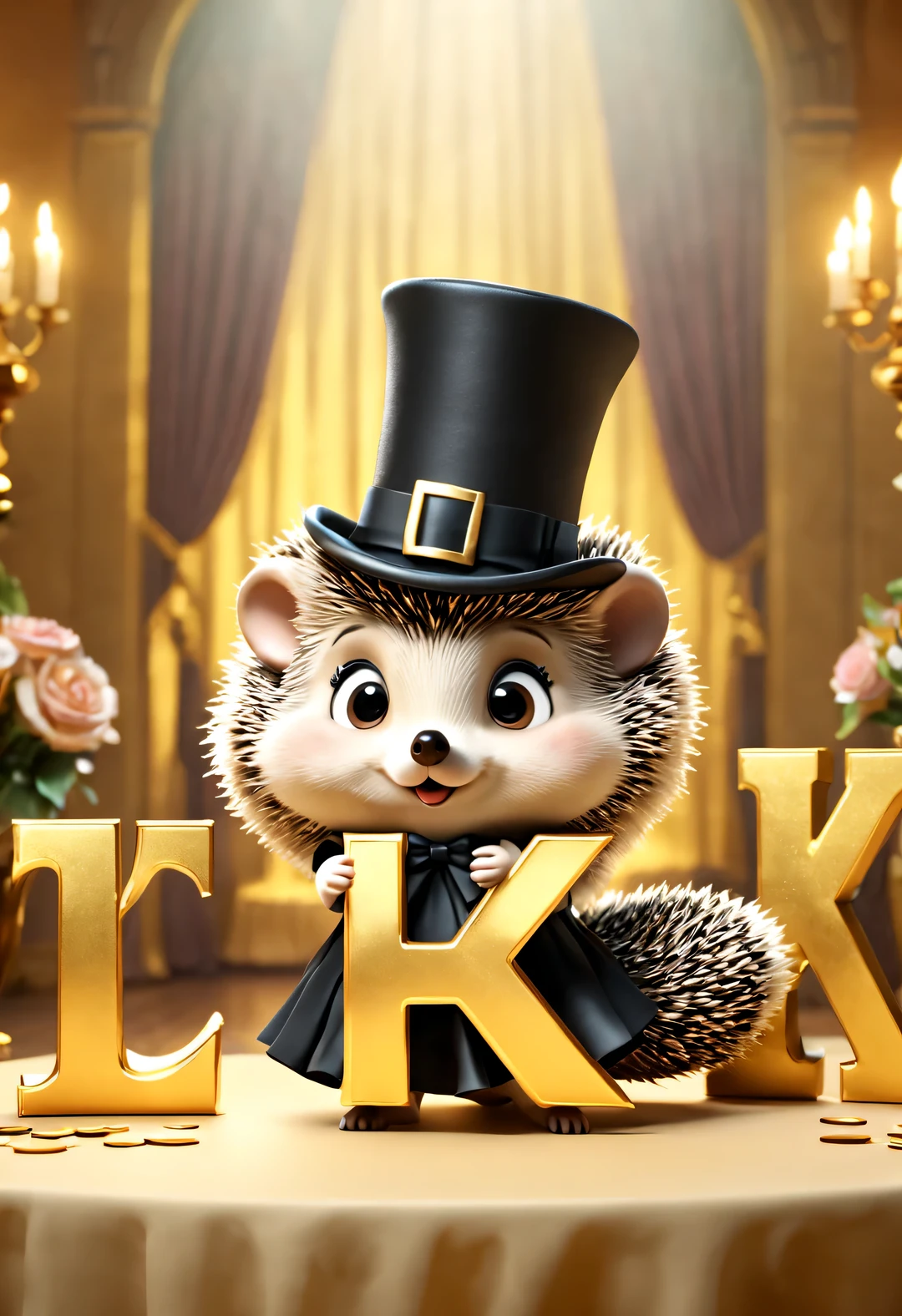 (Kawaii cartoon hedgehog wearing a top hat and evening gown bowing to the camera), (There are huge golden letters on the table "1K": 1.2), (Huge "thank you":1.37)tilt and move, cartoon, illustration, 3d rendering,