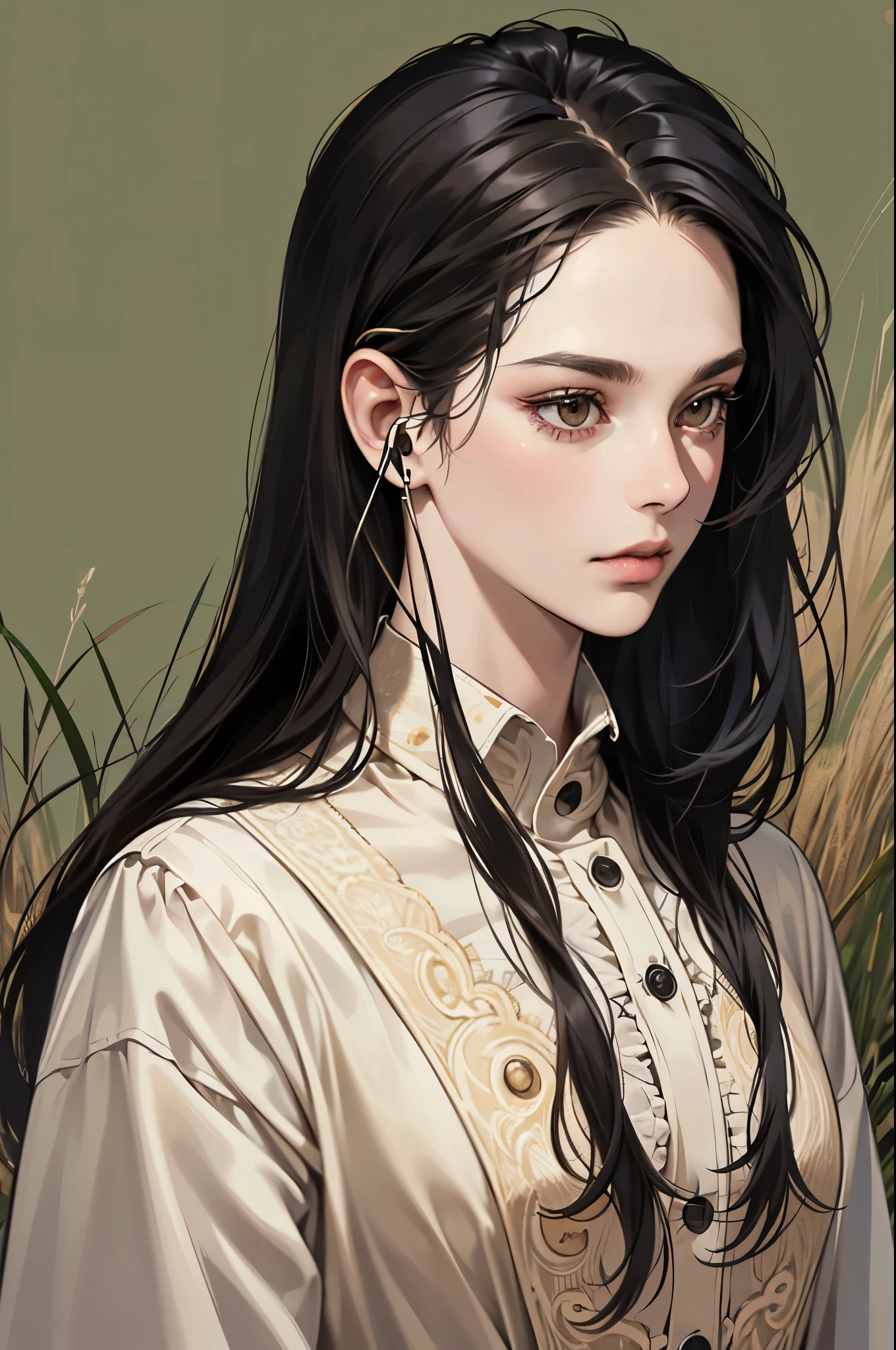 (absurdres, highres, ultra detailed, realistic, ), 1 18year-old,girl, solo, elegance, long black hair, brown eyes, (headphone),sky grass background, ultra - detailed, best quality, Detailed diagram, vectorized, 8K, Graphic design, vector lines, Full-HD,upper body