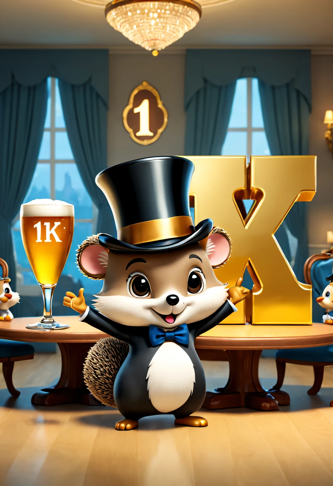 (Kawai cartoon，Wearing a top hat，Wear evening dresses，Hedgehog holding an oversized beer mug), (Bow to the camera), (There is a huge golden letter on the table "1K": 1.2), many, many large beer glasses, champagne bottle,
tilt and move, cartoon, illustration, 3d rendering,