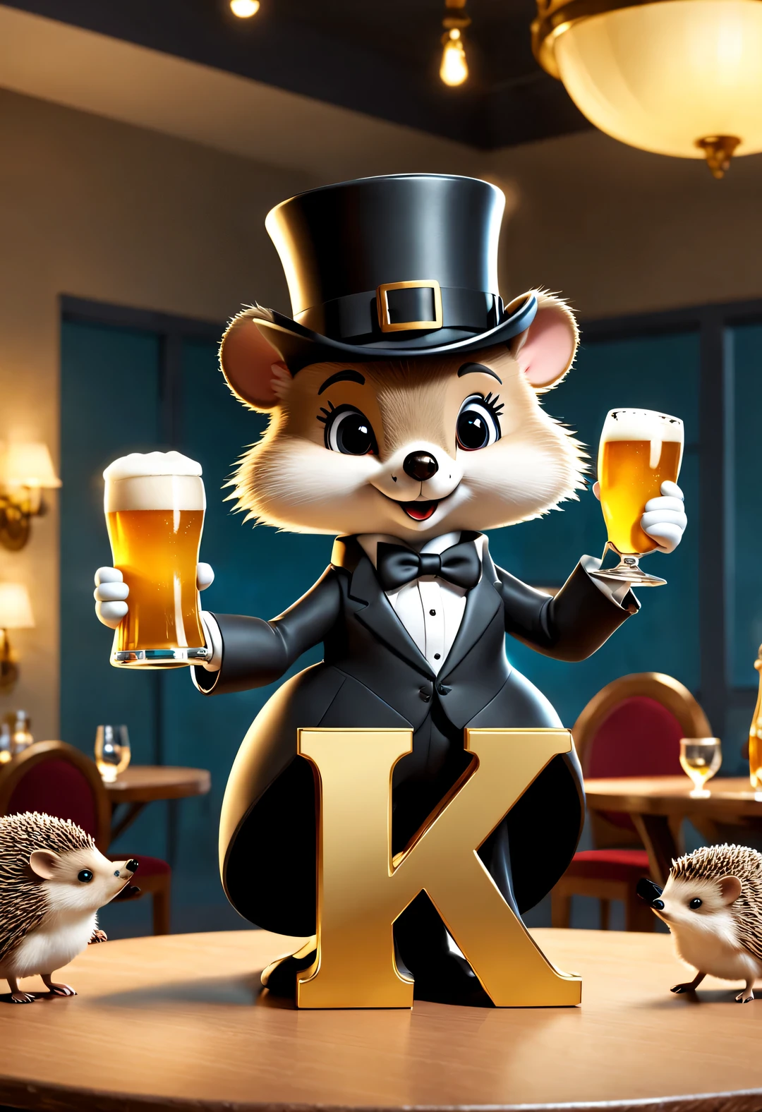 (Kawai cartoon，Wearing a top hat，Wear evening dresses，Hedgehog holding an oversized beer mug), (Bow to the camera), (There is a huge golden letter on the table "1K": 1.2), many, many large beer glasses, champagne bottle,
tilt and move, cartoon, illustration, 3d rendering,