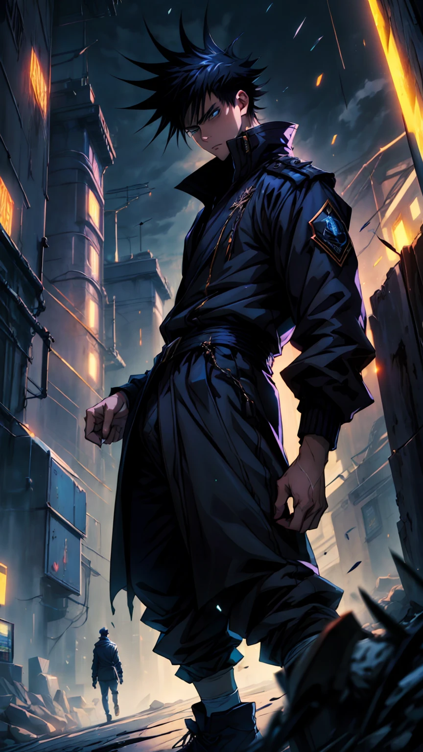 1boy, 175 cm, megumi fushiguro, dark blue eyes, black outfit, black hair with long spikes that jut out in every direction around his head, wearing dark blue jacket over a long-sleeved white dress shirt. His uniform pants match his jacket,He wears long black socks, low-top brown shoes, dynamic battle pose, blue and dark moon city night background, wallpaper, cinematic,High resolution 8K, Bright light illumination, lens flare, sharpness, masterpiece, top-quality, The ultra -The high-definition, high resolution, extremely details CG, Anime style, Film Portrait Photography,masterpiece,hyperdetail, white and black wolf
