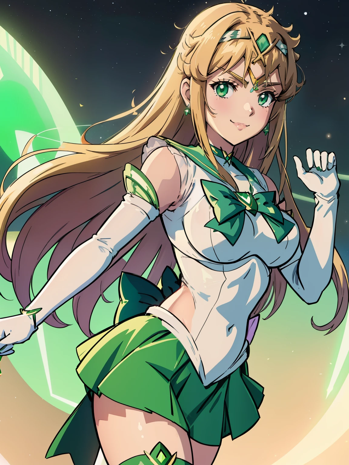 mythra \(xenoblade\) ,sailor senshi uniform, green skirt, elbow gloves, tiara, green sailor collar, red bow, green choker, white gloves, jewelry, smile