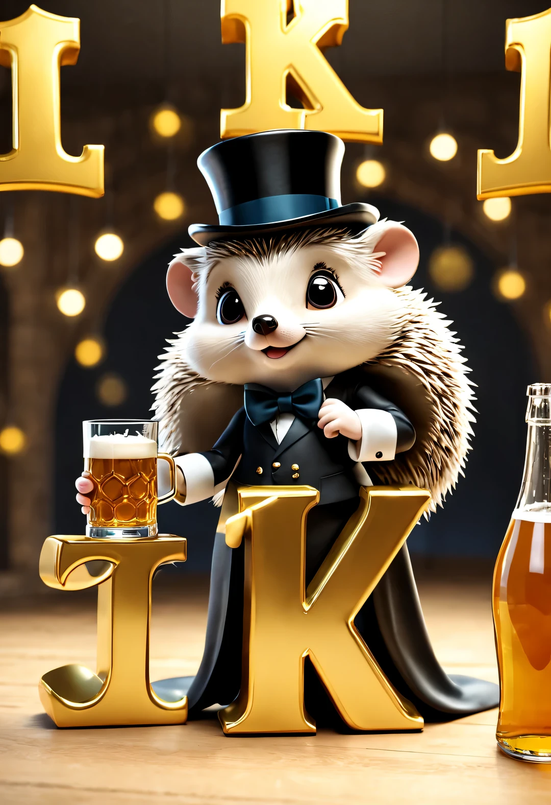 (Kawaii cartoon hedgehog wearing top hat，Wear evening dresses，Holding an oversized beer mug in hand), (Bow to the camera), (There are huge golden letters on the table "1K": 1.2), many, many large beer glasses, champagne bottle,
tilt and move, cartoon, illustration, 3d rendering,