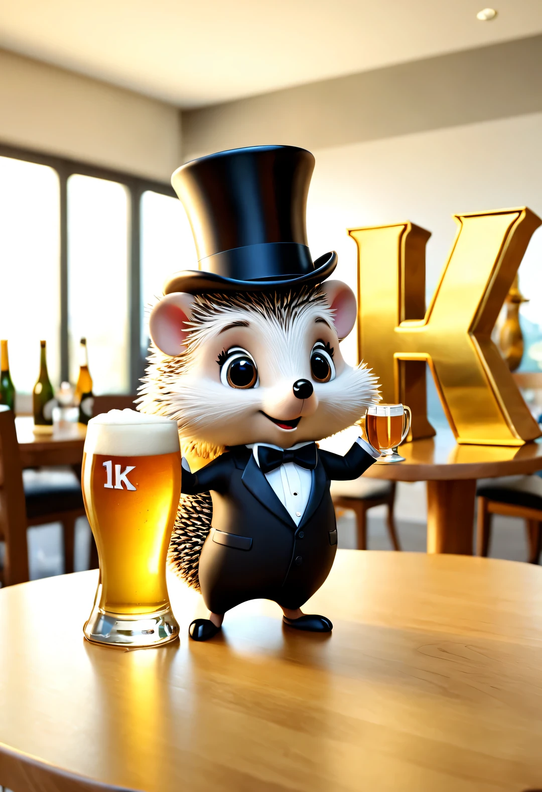 (Kawaii cartoon hedgehog wearing top hat，Wear evening dresses，Holding an oversized beer mug in hand), (Bow to the camera), (There are huge golden letters on the table "1K": 1.2), many, many large beer glasses, champagne bottle,
tilt and move, cartoon, illustration, 3d rendering,