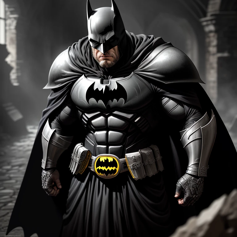 (1 character: Crusader Batman), intense, brooding, dark, (superhero: Batman), in focus, photo, (photorealistic), (full body shot), wide angle, heavy armor, cape flowing, chin in hand, serious expression, detailed face, scruffy beard, defined jawline, muscular build, textured armor, weathered leather, grungy texture, high contrast lighting, dramatic shadows, 4K, best quality, HDR, cinematic, detailed, hyperrealistic, gothic, moody, brooding, gritty, epic, high definition, chiseled, intense gaze, high contrast, edgy, intricate fabric details