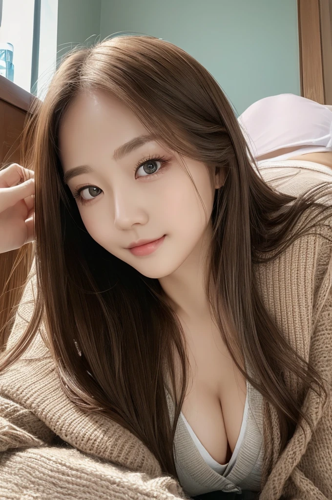 ((Best quality, 8k, Masterpiece :1.3)), 1girl,sea,Pretty woman with slender, Long Hair,Half Smile, Cardigan,Ultra-detailed face,Leaning Forward, cute eyes, Double eyelid,Lying Down