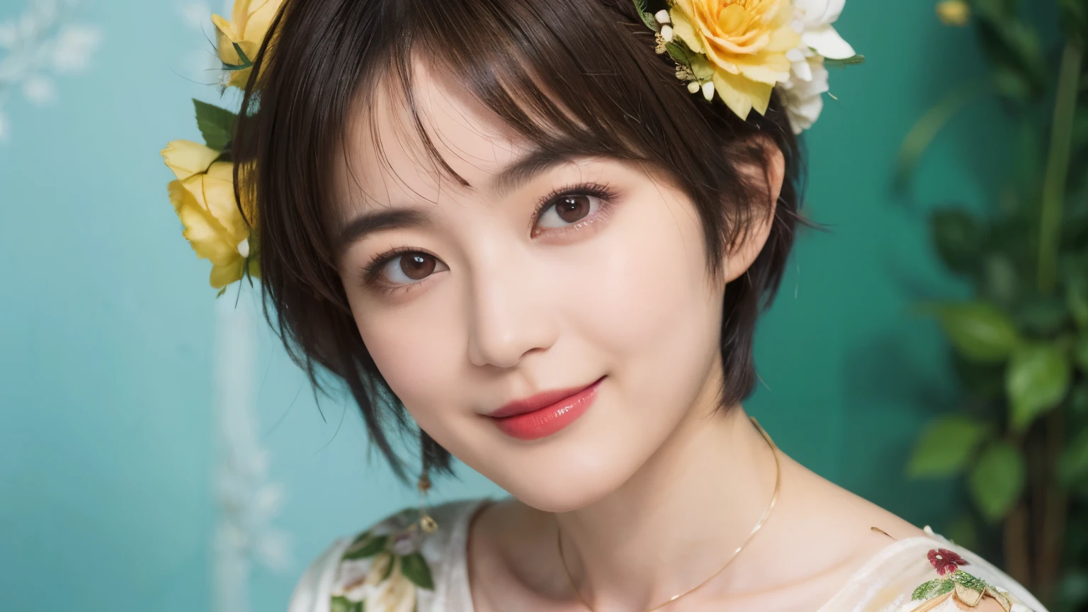 148
(20 year old woman,Floral costume), (surreal), (High resolution), ((beautiful hairstyle 46)), ((short hair:1.46)), (gentle smile), (breasted:1.1), (lipstick)
