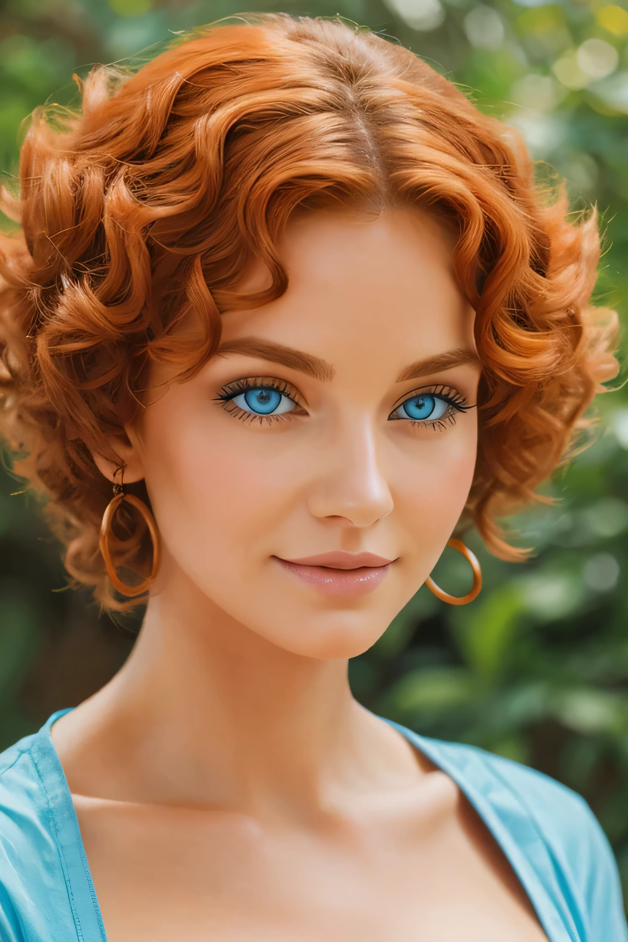 A bust color pencil drawing of a middle breasted curly woman with blue eyes, orange hairs