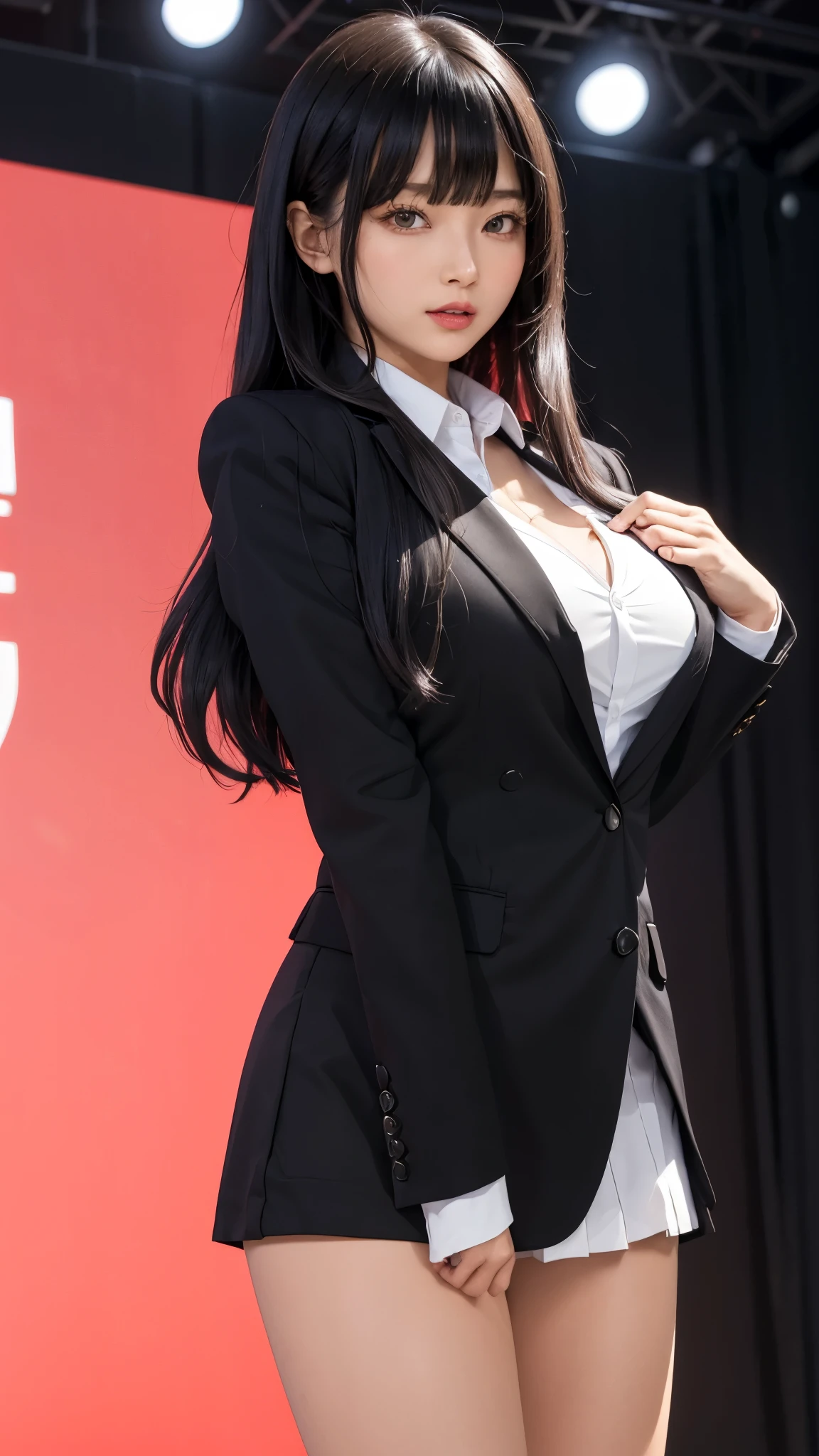 ((best quality)), ((muste piece)), (detailed breasts), (highlight), perfect face　Young girl highlighting large breasts with detailed face、Long, thick, shiny, beautiful black hair with blunt bangs、solid color background、Standing wearing red and black blazer and miniskirt school uniform、Japanese high school girl、student council president idol、